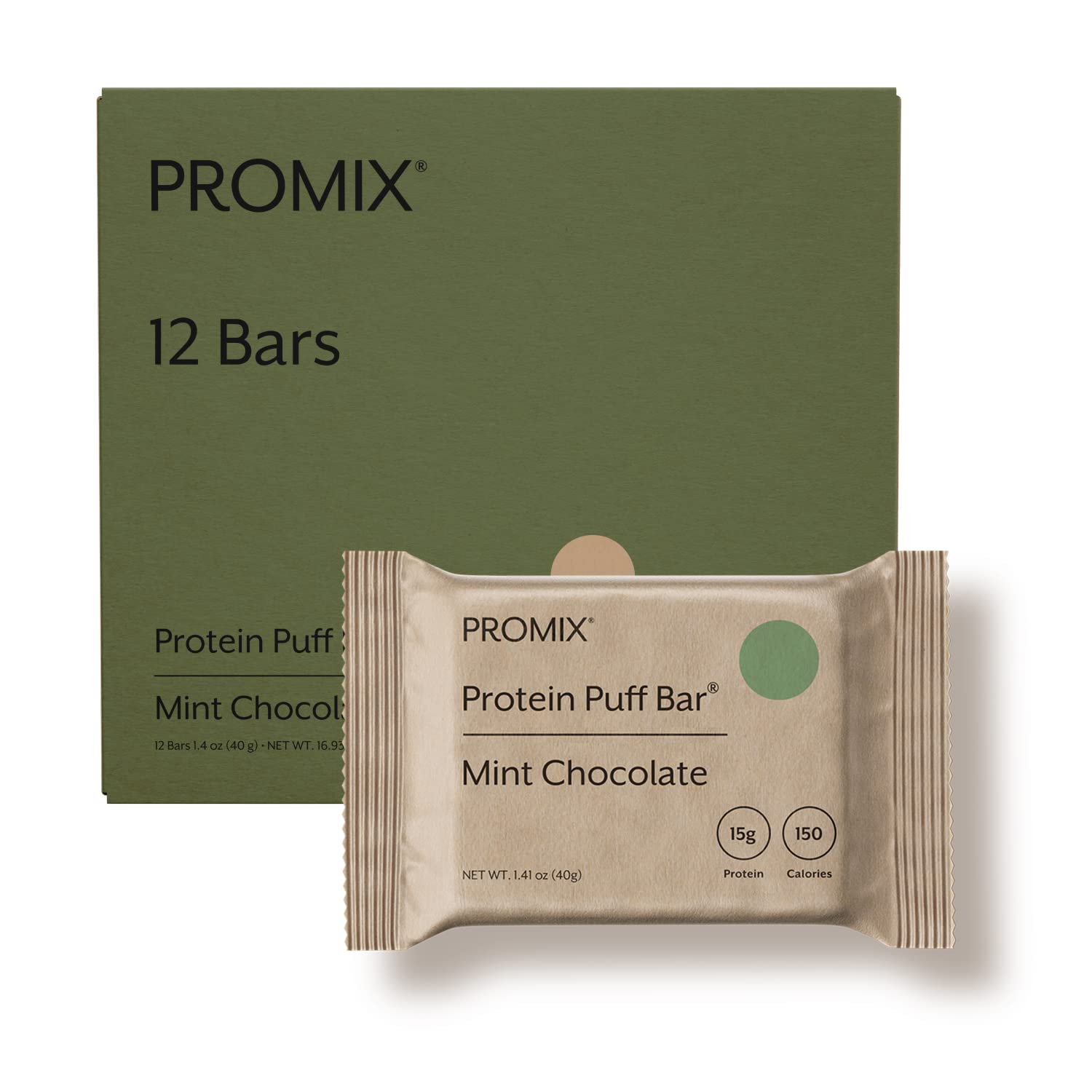 ProMix vista frontal de caja de 12 barritas mostrando sabor menta chocolate y beneficio práctico