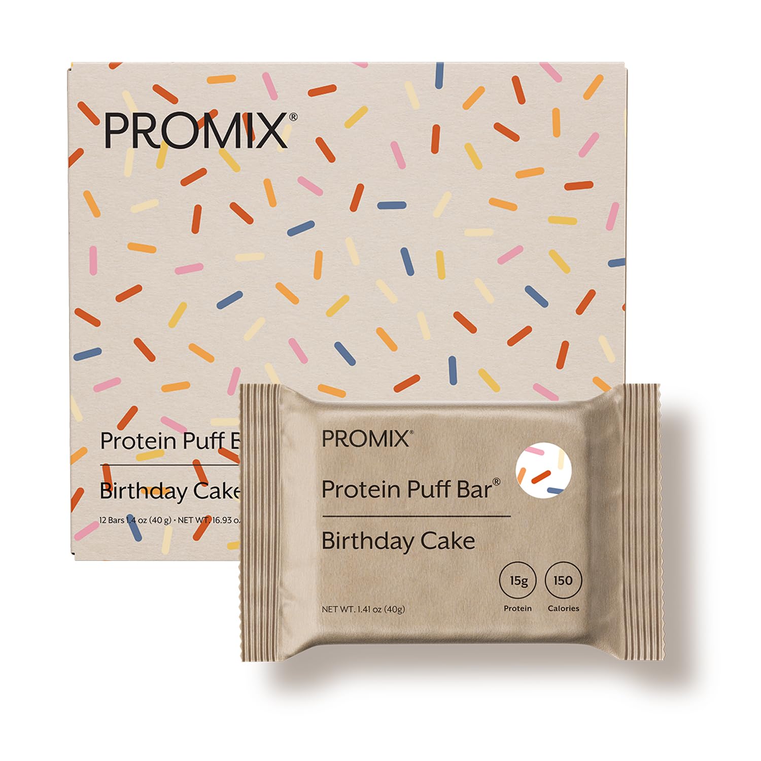 ProMix Nutrition paquete frontal mostrando 12 barras, beneficios de proteína portátil