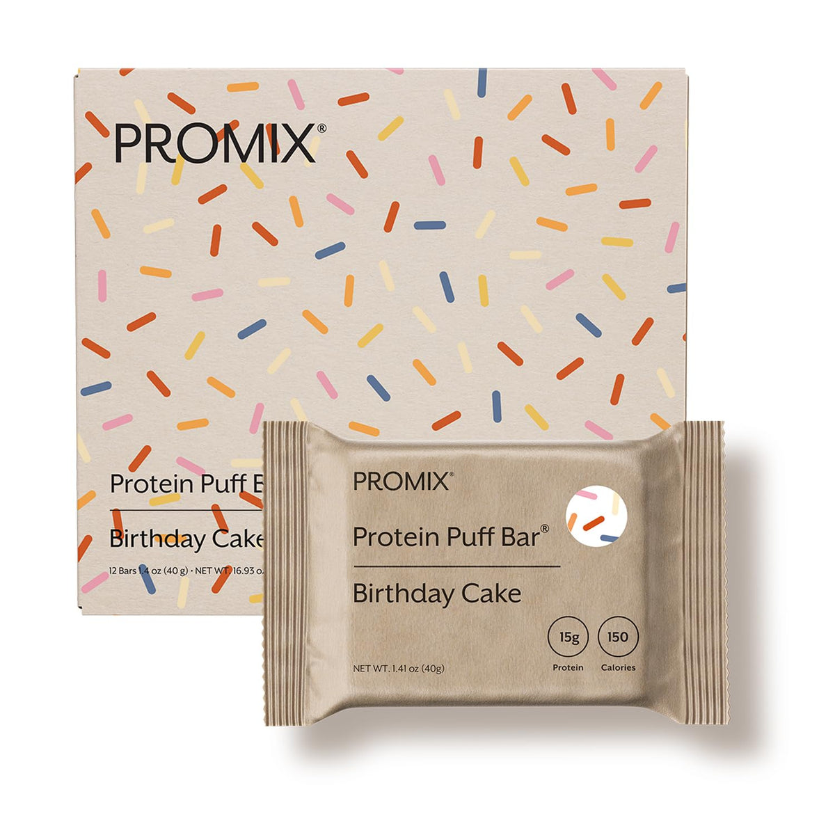 ProMix Nutrition paquete frontal mostrando 12 barras, beneficios de proteína portátil