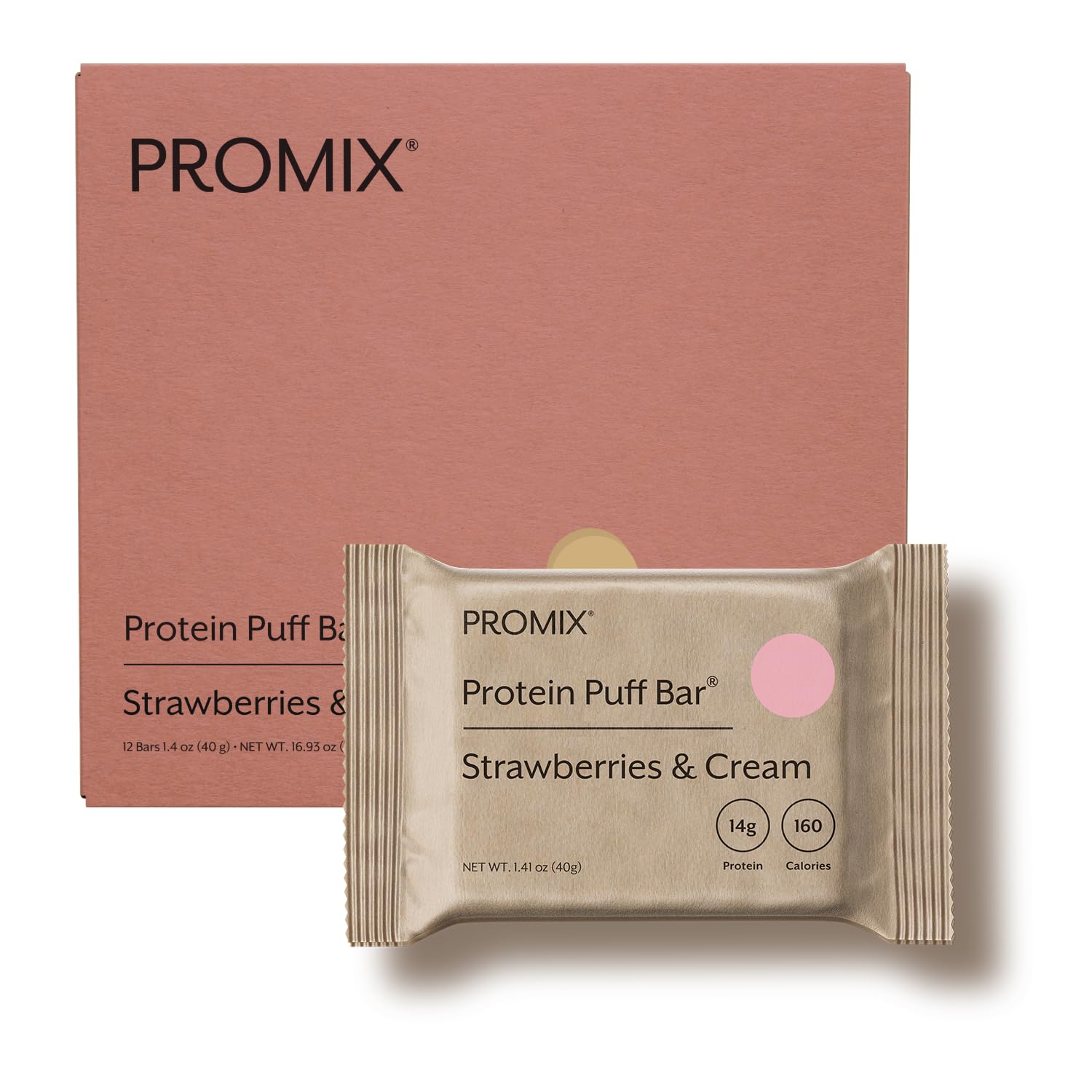 ProMix barrita en su empaquetado frontal mostrando sabor fresas y crema, conveniencia y proteína