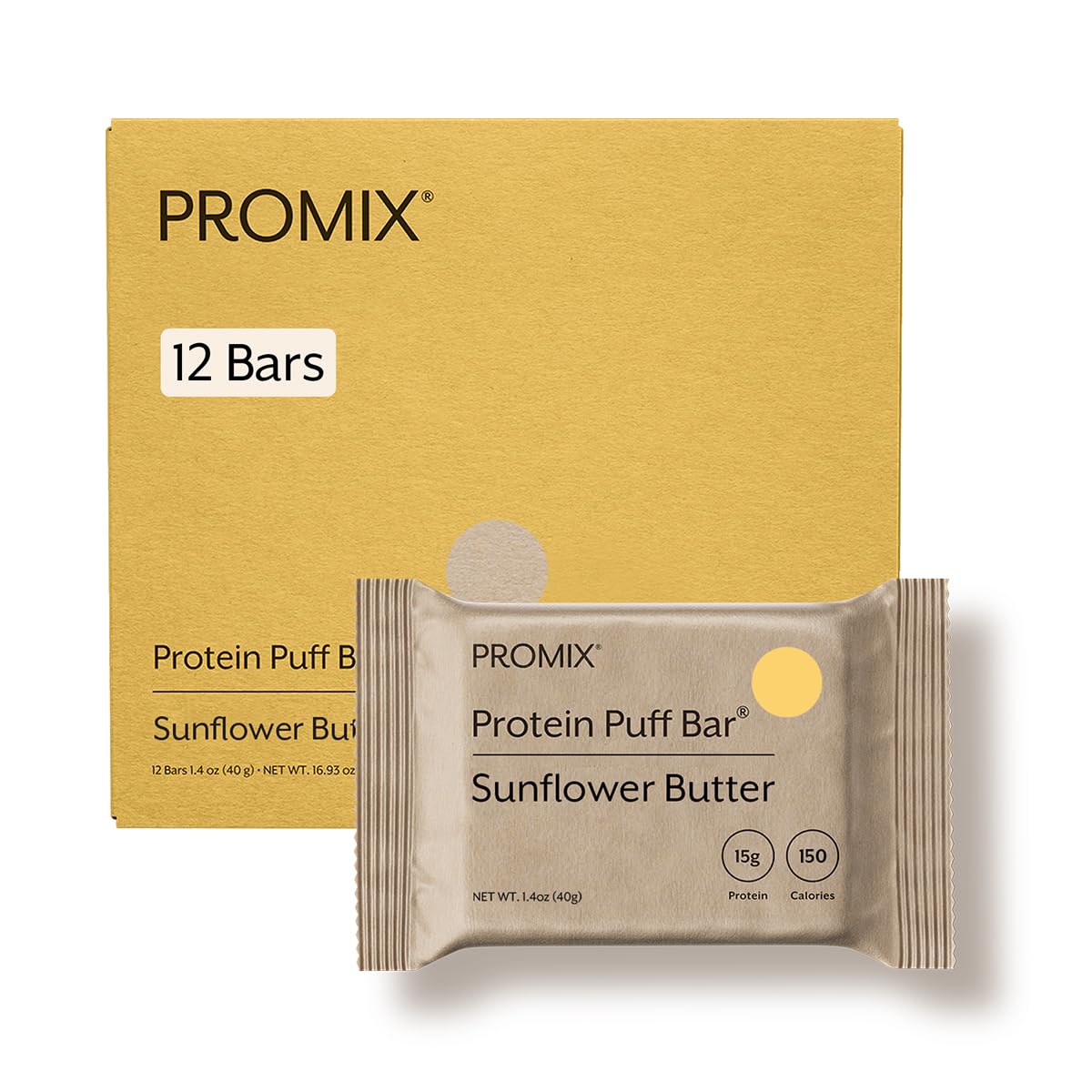 ProMix Nutrition empaque frontal Sunflower Butter mostrando 12 barras y beneficios