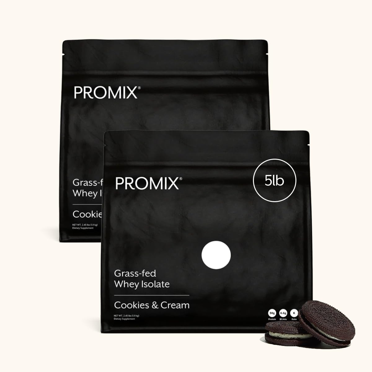 ProMix Nutrition envase frontal Cookies & Cream muestra diseño y tamaño 5 lb para confianza visual
