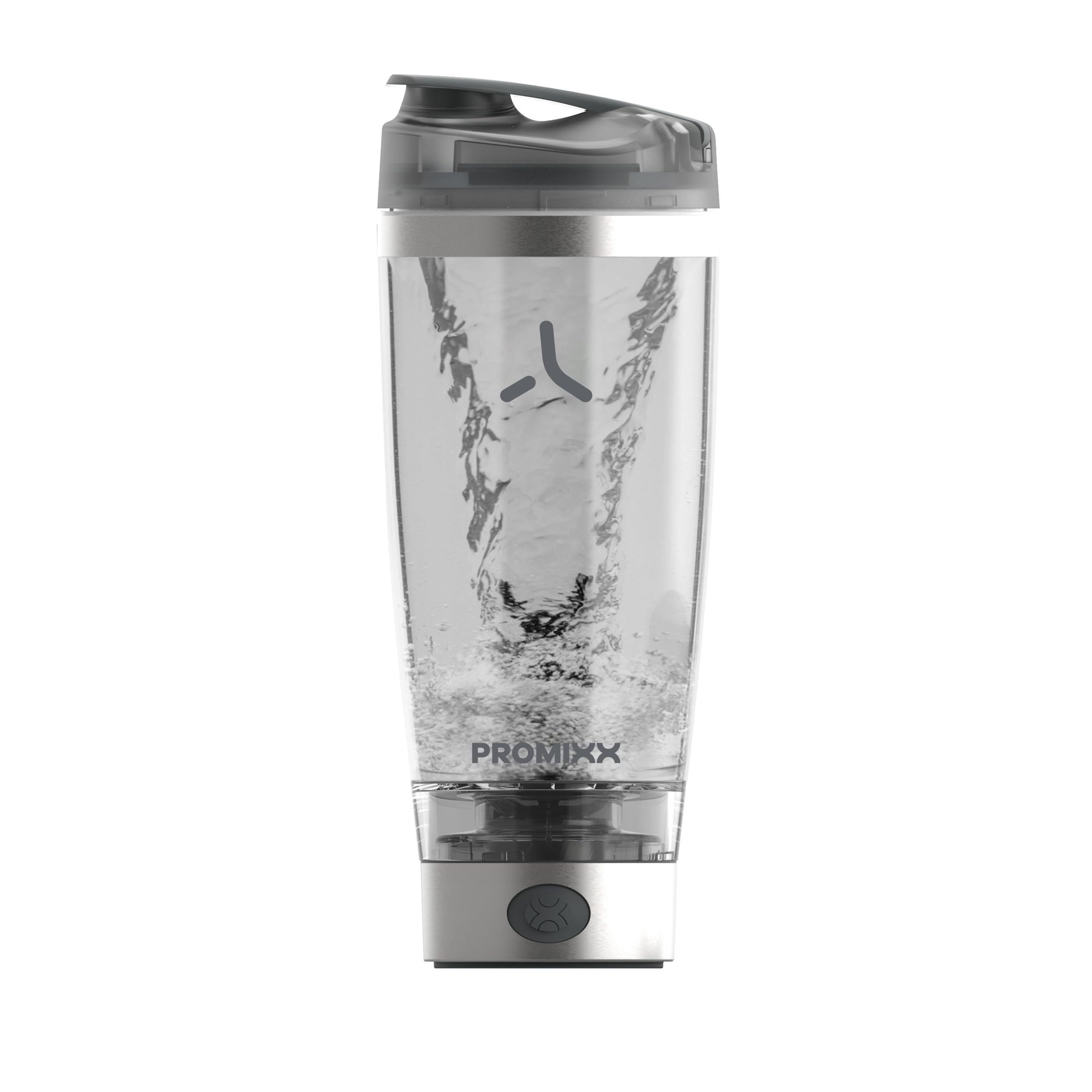 Promixx botella frontal plateada mostrando diseño elegante y portabilidad