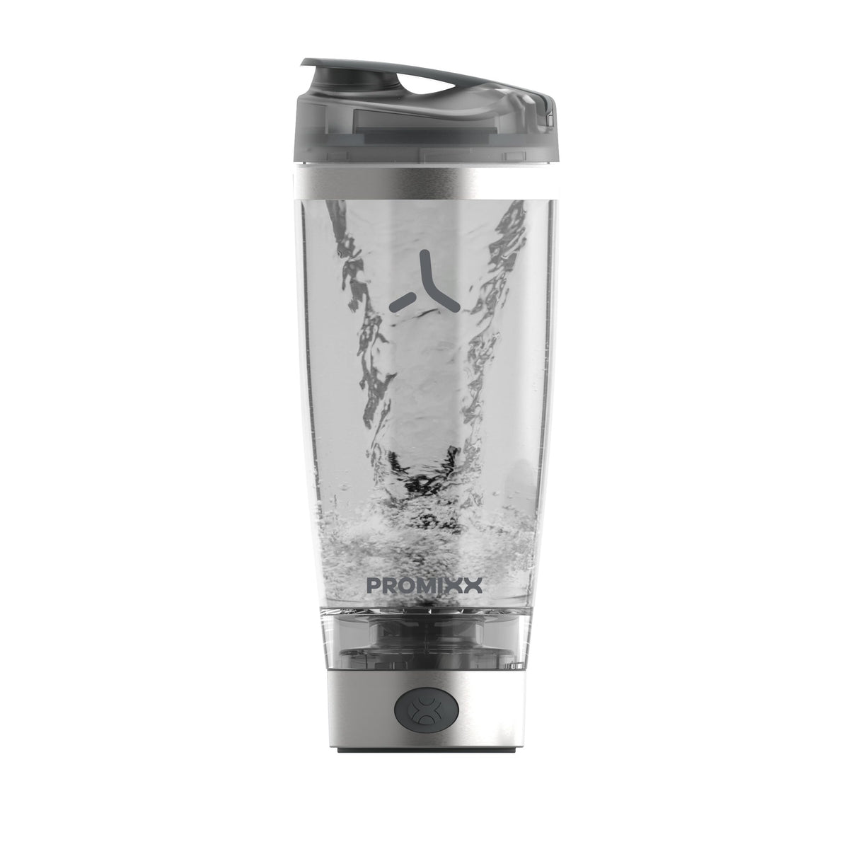 Promixx botella frontal plateada mostrando diseño elegante y portabilidad