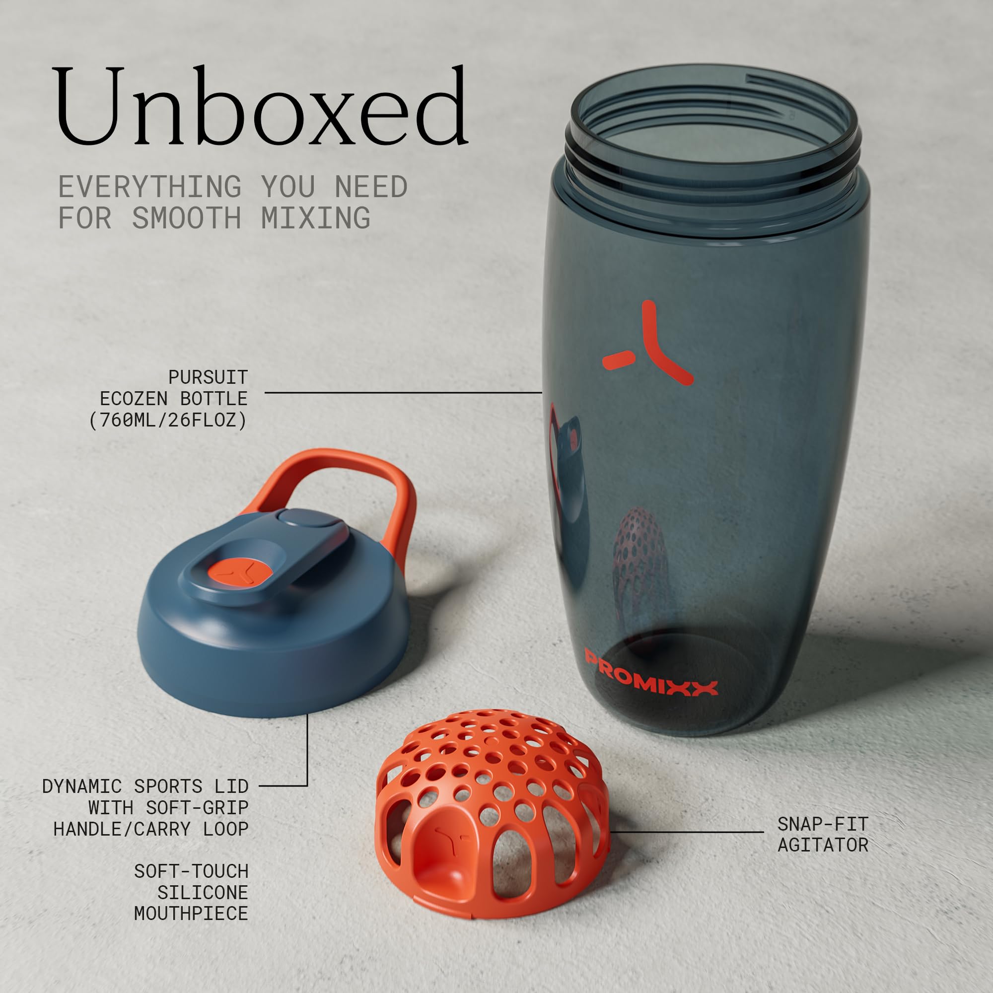 PROMIXX comparación de tamaño en mano para visualizar la capacidad 26oz