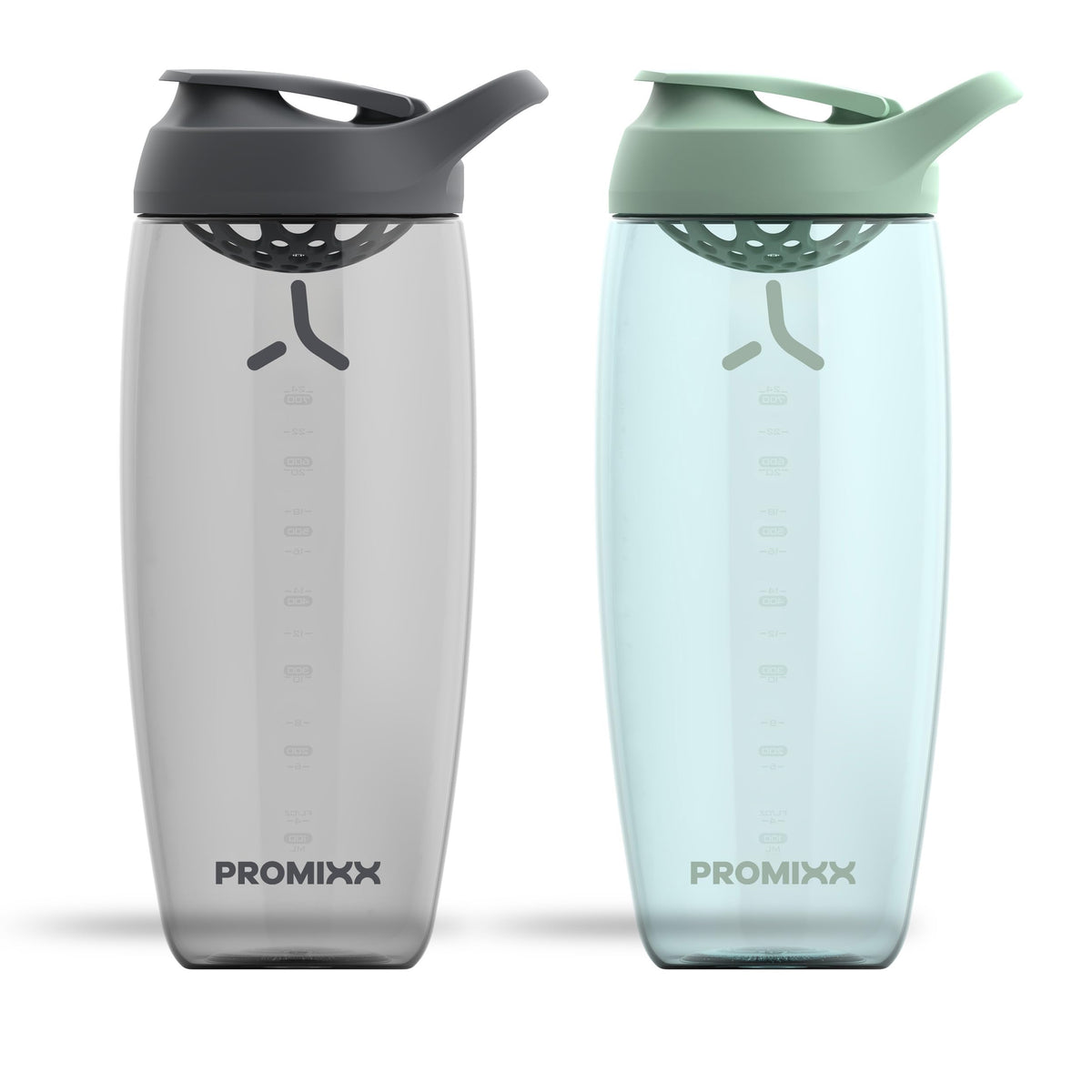 Promixx muestra frontal del shaker Pursuit 32 oz, diseño ergonómico y capacidad clara