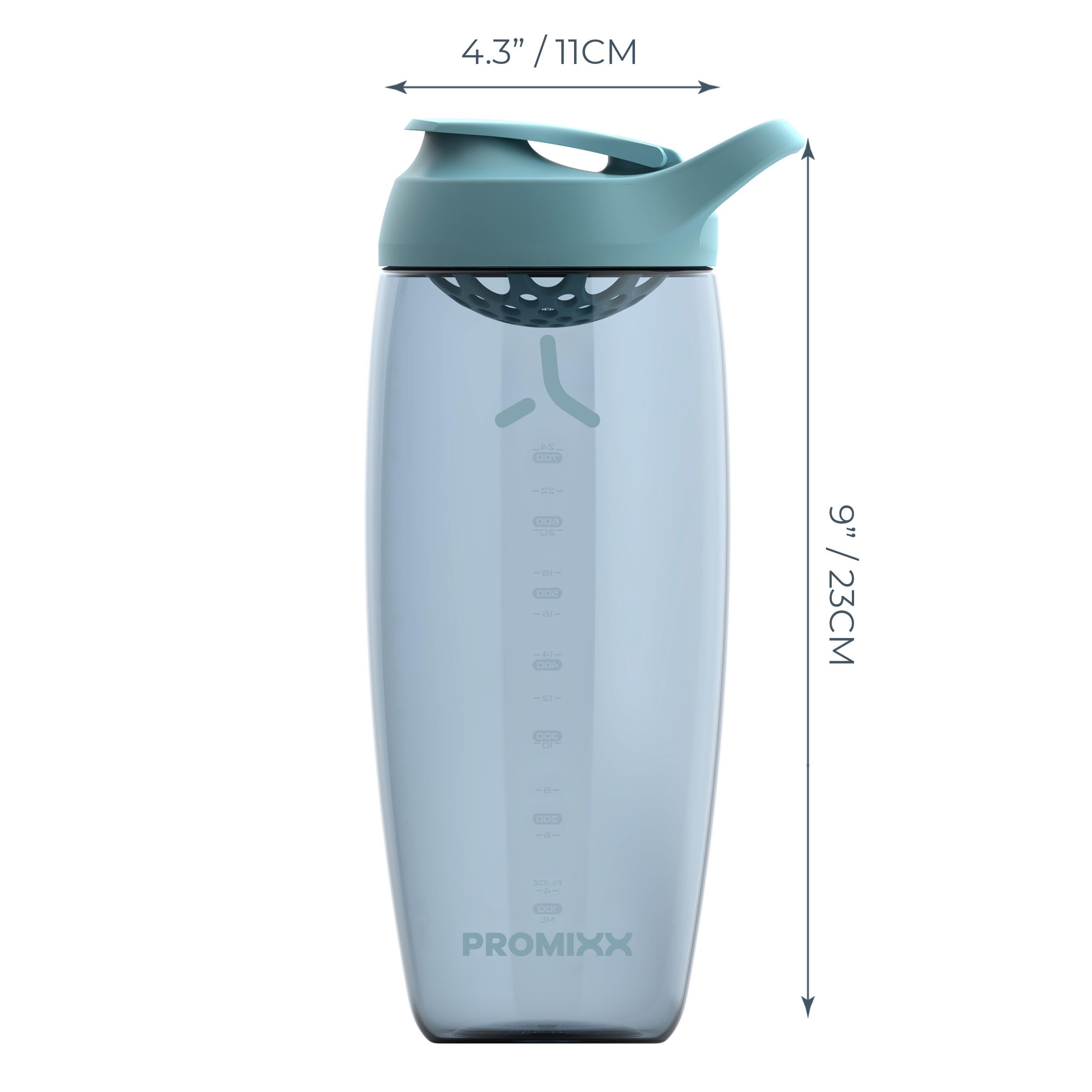 PROMIXX interior con marcas mL y fl oz, medición precisa