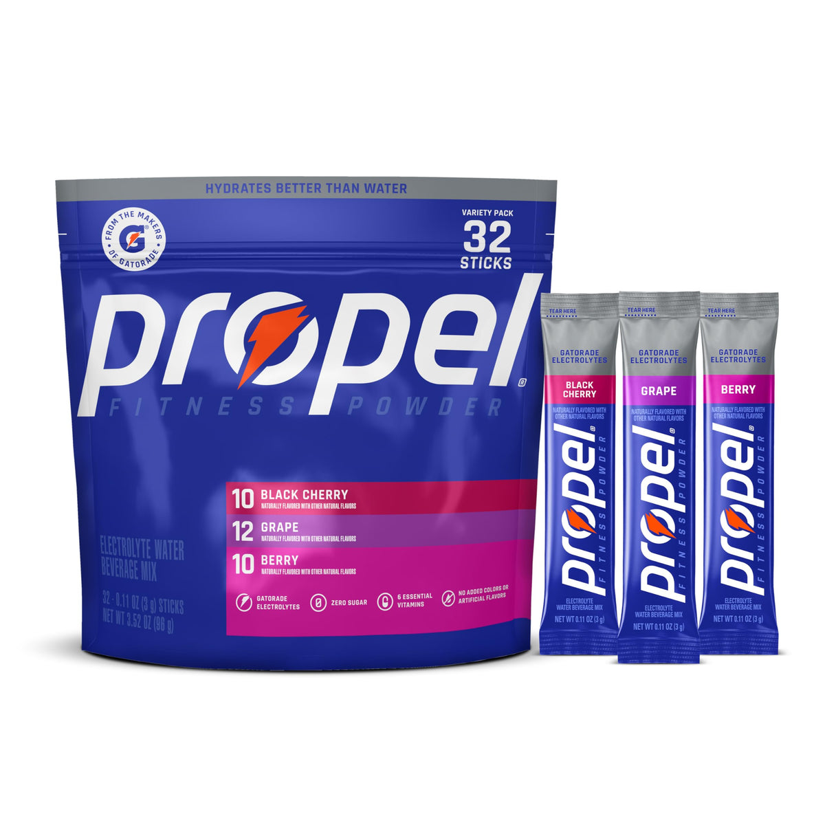 Propel frente del empaque mostrando variedad y conveniencia