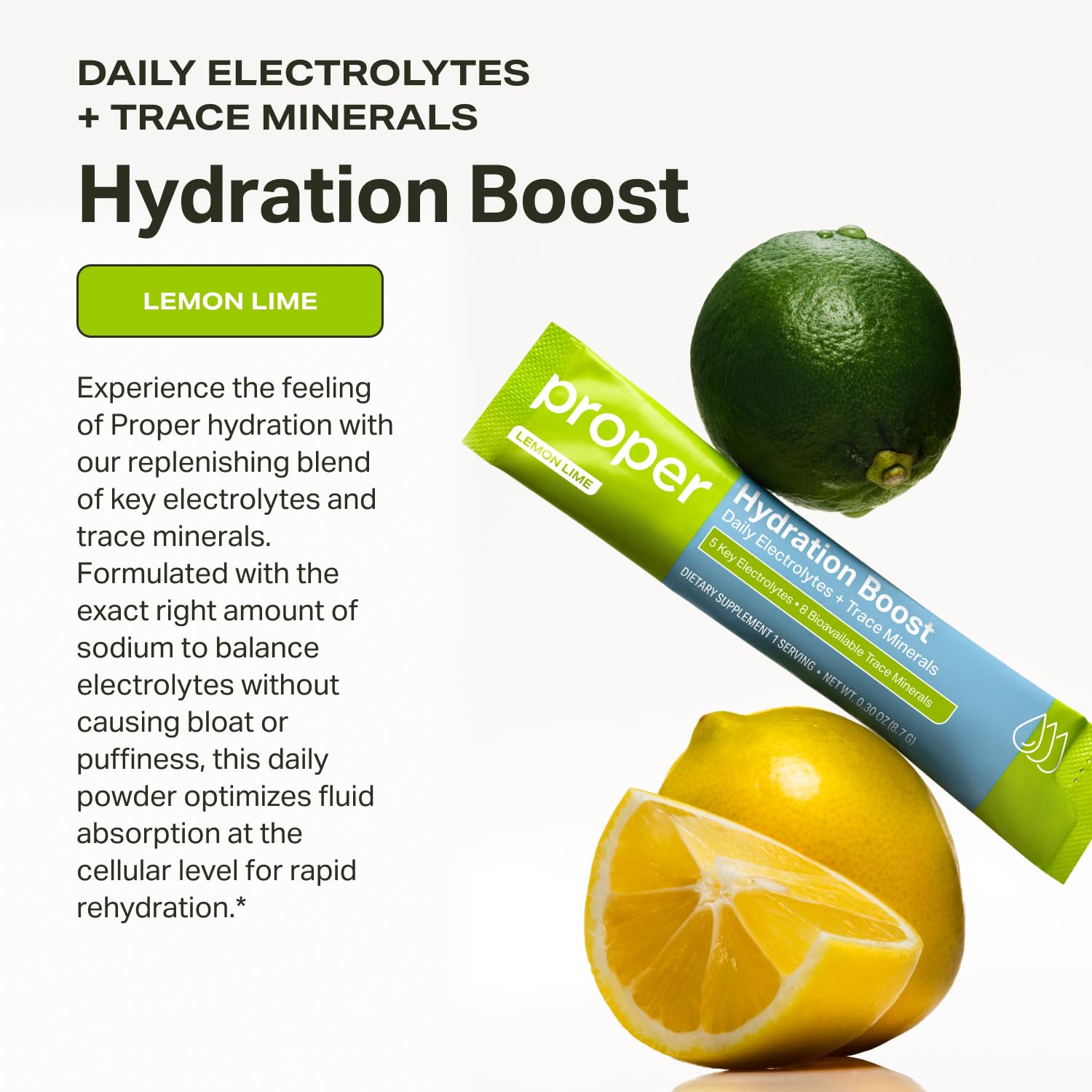 Proper Hydration sobre abierto con polvo visible para preparación fácil y portátil