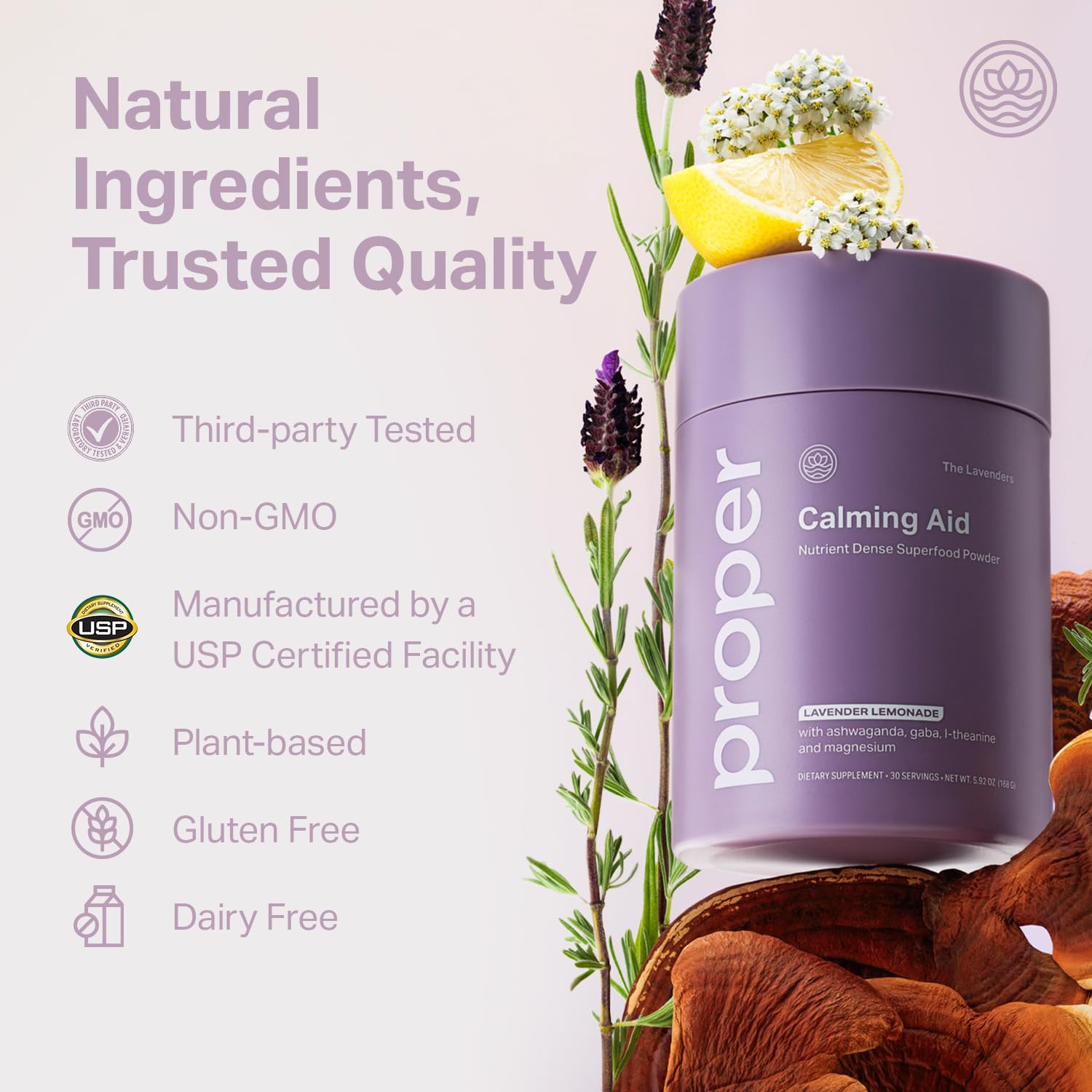 Proper The Lavenders etiqueta con lista de ingredientes limpia y origen certificado