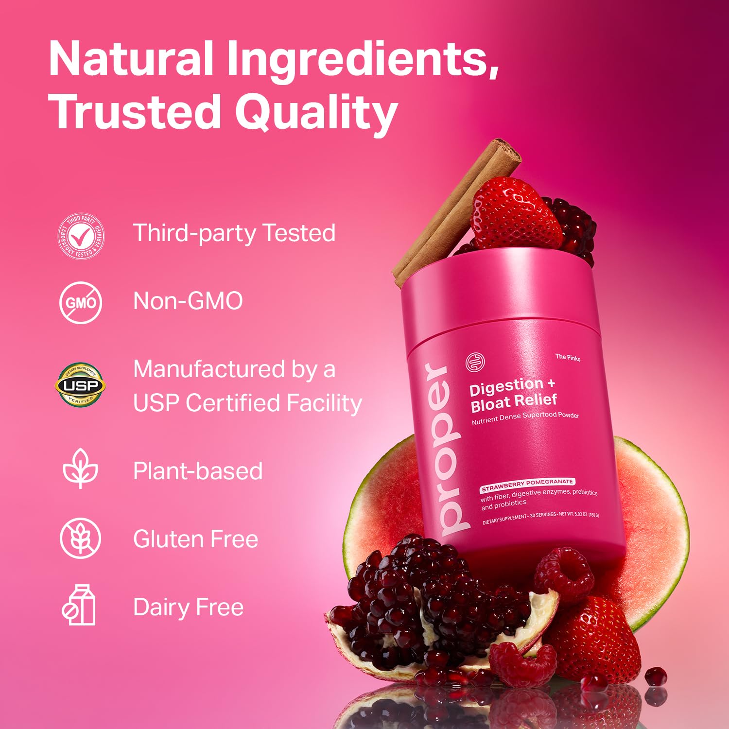 Proper The Pinks etiqueta nutricional resaltada, transparencia en ingredientes y valores