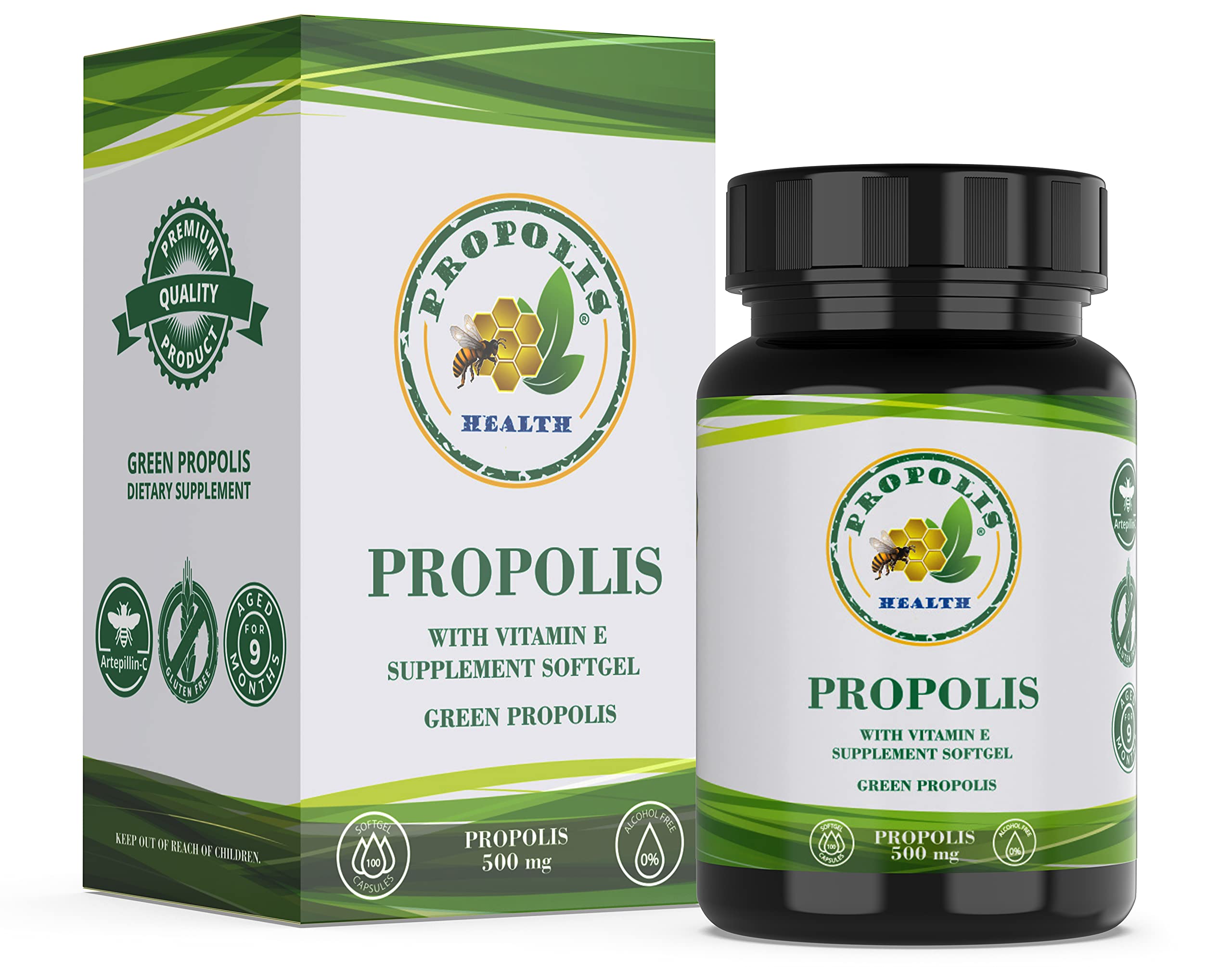 Propolis Health frasco frontal mostrando etiqueta clara y beneficios