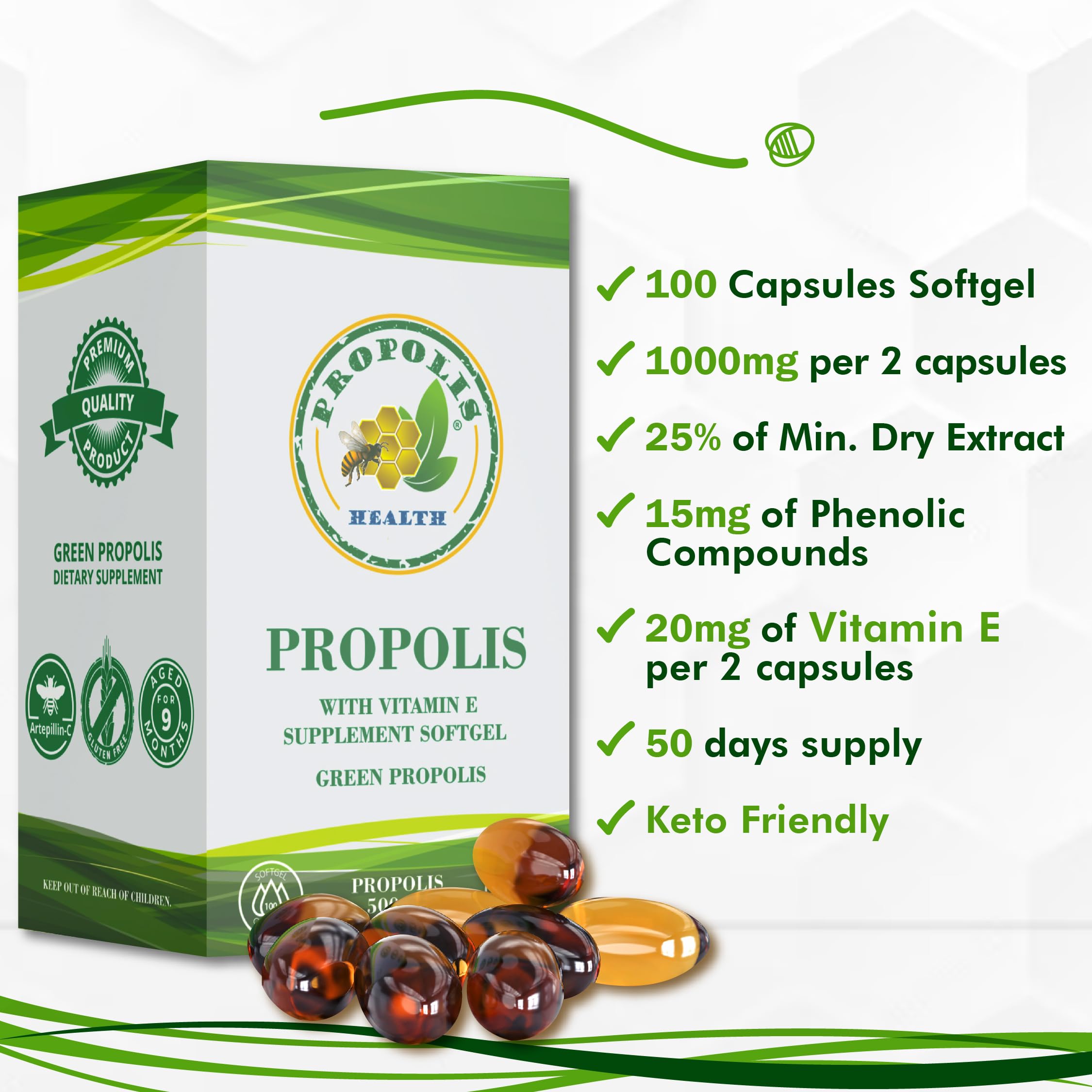 Propolis Health etiqueta con vitamina E resaltando la fórmula