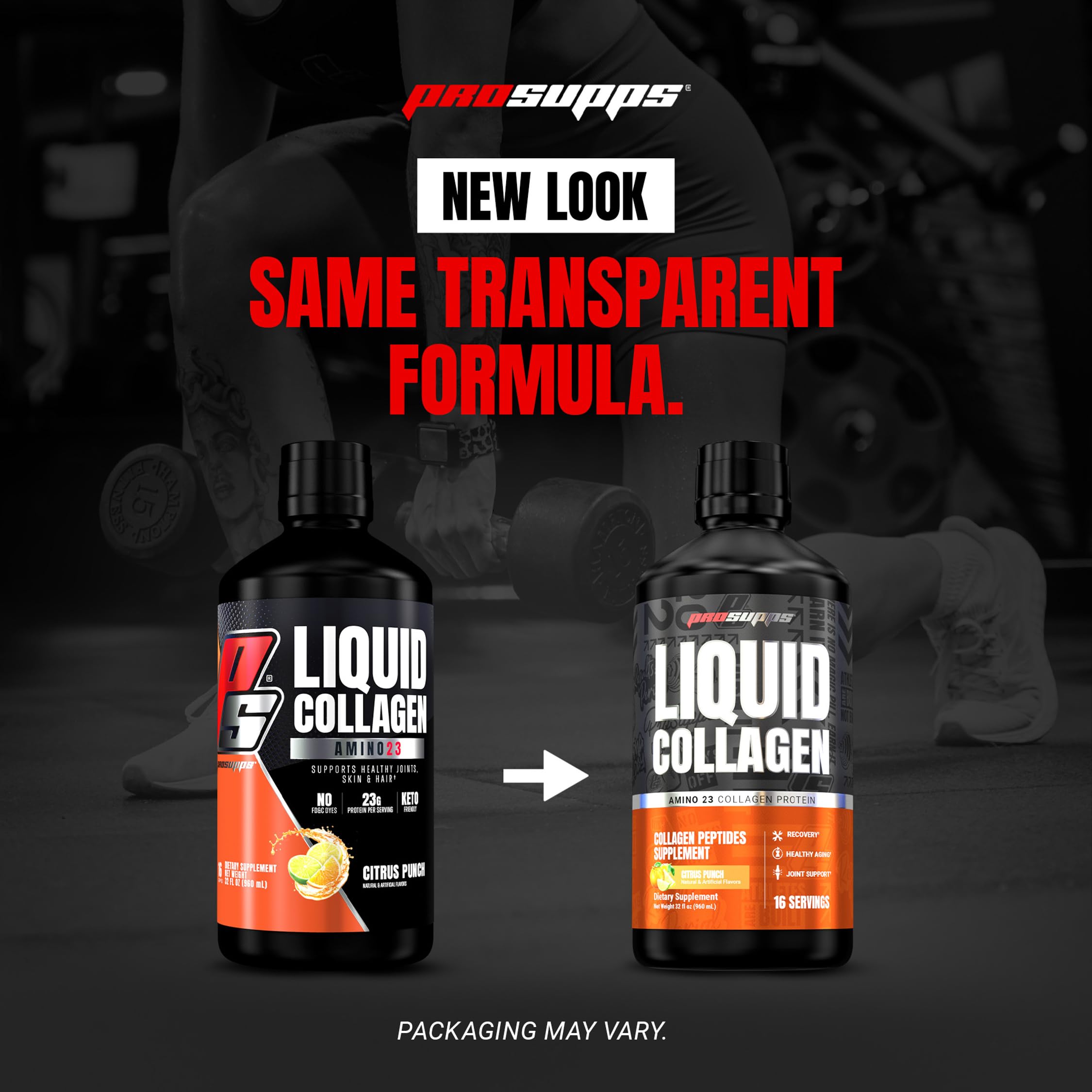 Comparación de tamaño de ProSupps Amino23 frente a una mano, escala real y porciones