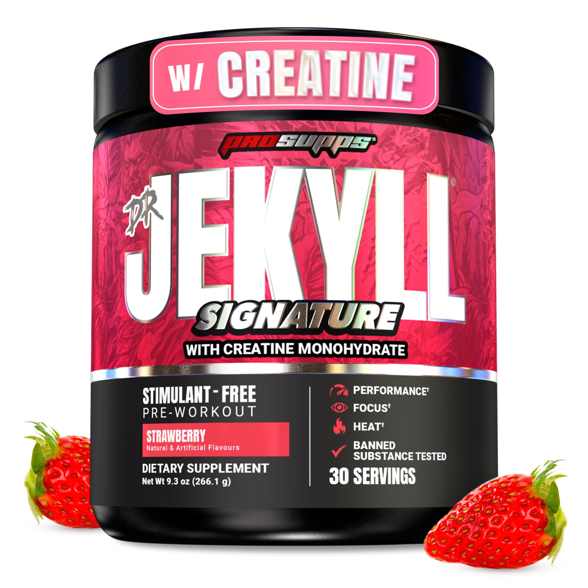 ProSupps Dr. JEKYLL envase frontal muestra sabor fresa y beneficio de rendimiento