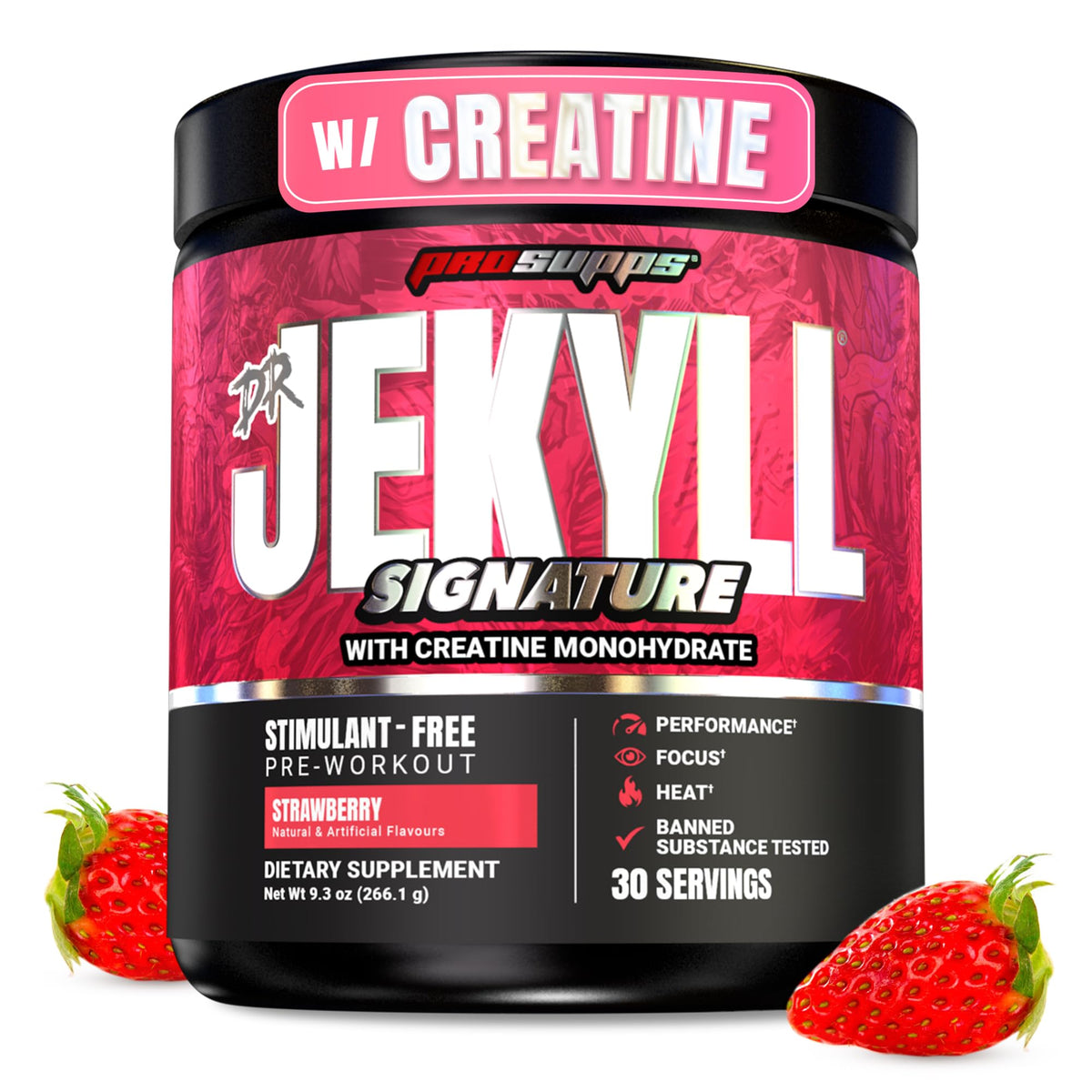 ProSupps Dr. JEKYLL envase frontal muestra sabor fresa y beneficio de rendimiento