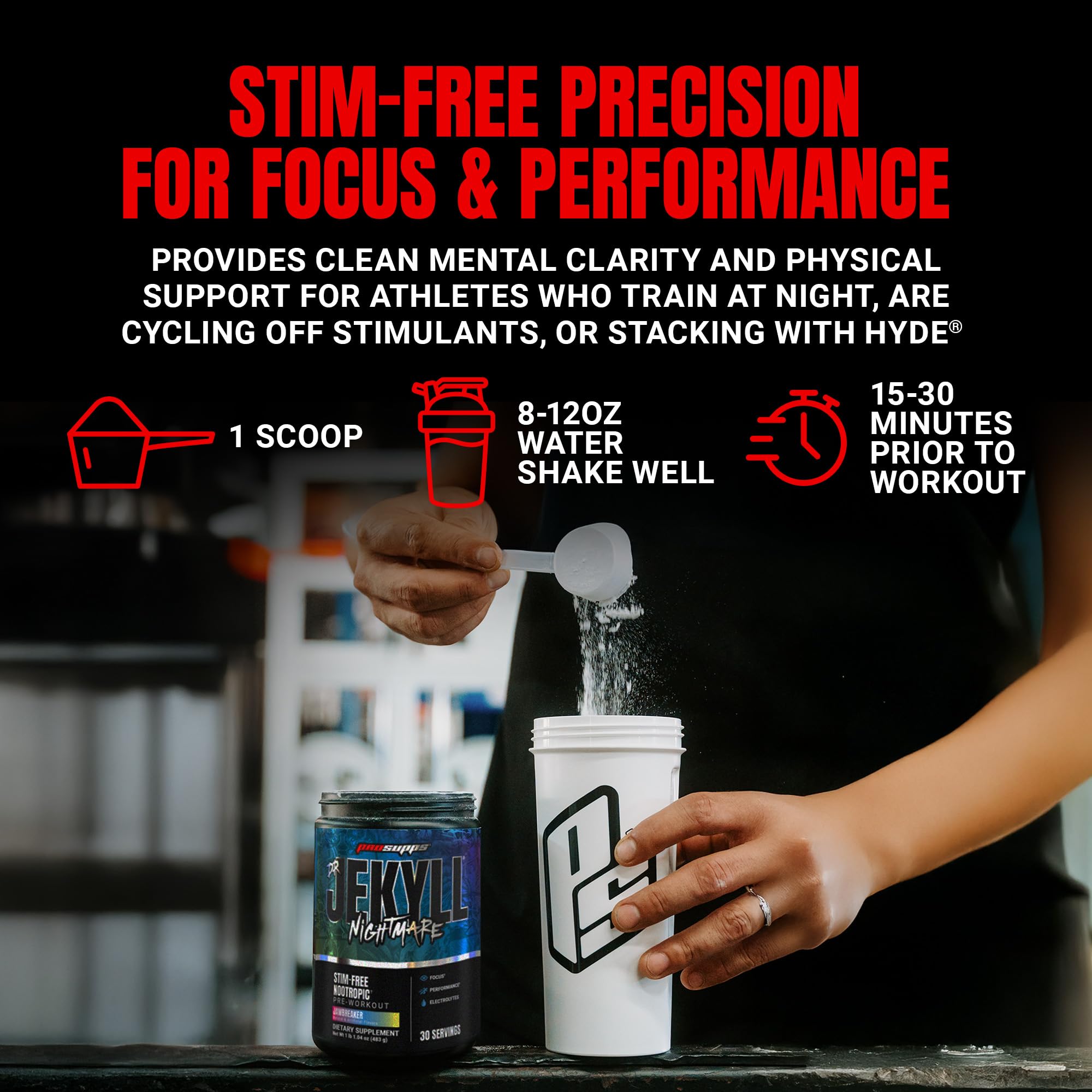 Vaso con ProSupps Dr. Jekyll mezclado que ilustra rápida disolución y uso práctico