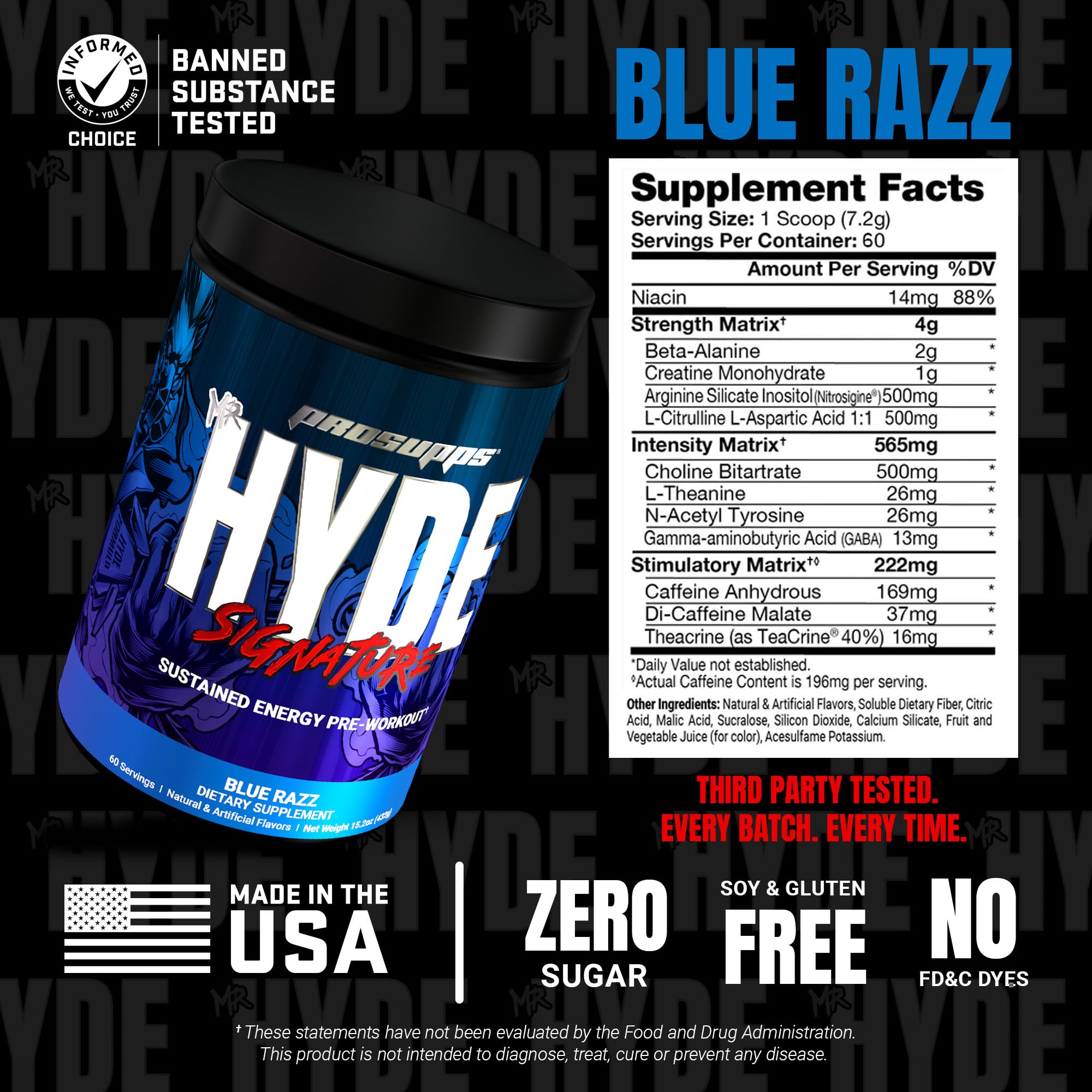 Etiqueta nutricional de ProSupps Mr. Hyde con ingredientes y cafeína clara