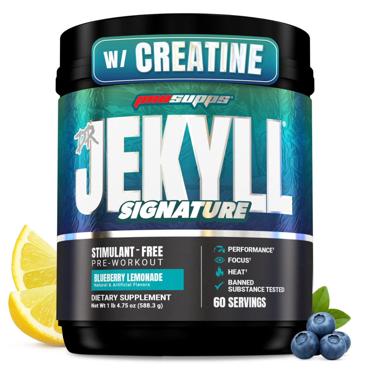 ProSupps envase frontal Dr. Jekyll mostrando 60 servicios y sabor arándano-limón