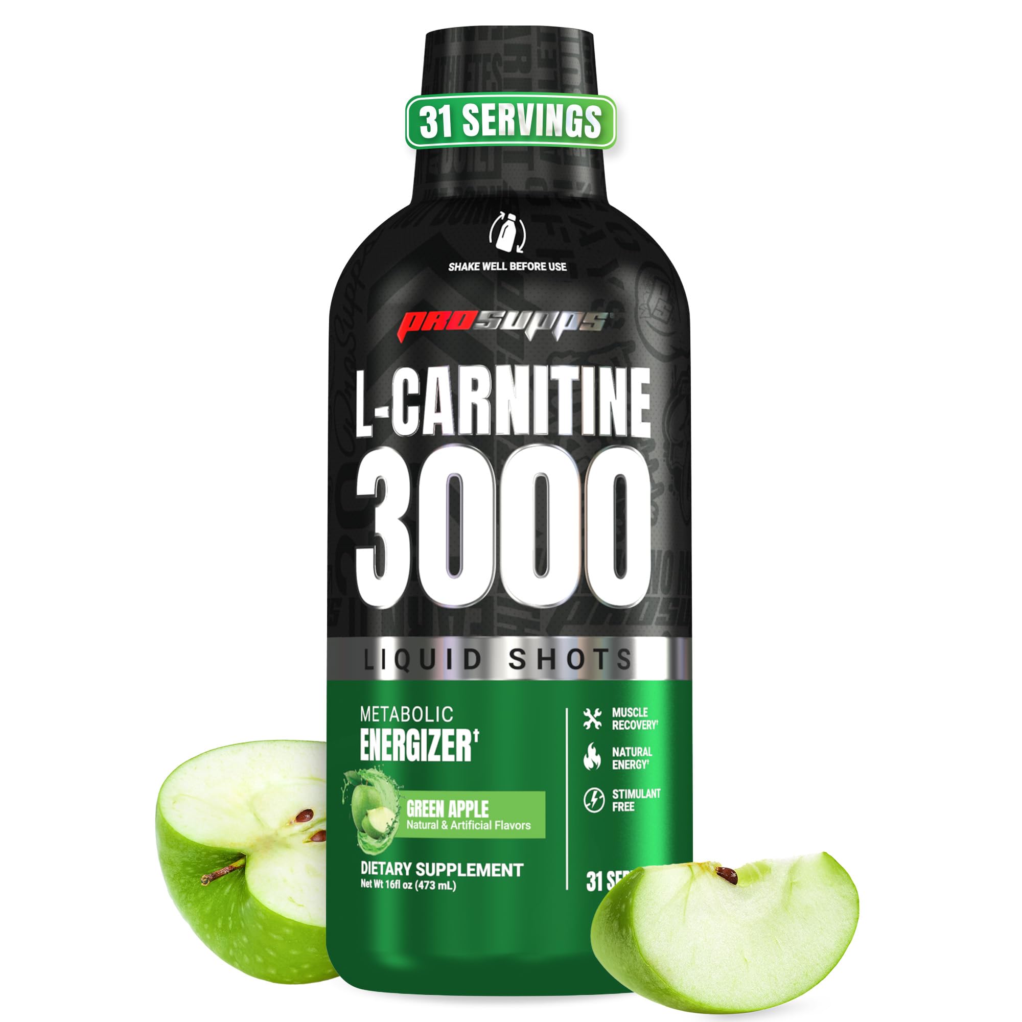 ProSupps envase frontal de L-Carnitine 3000 mostrando sabor manzana verde y beneficios