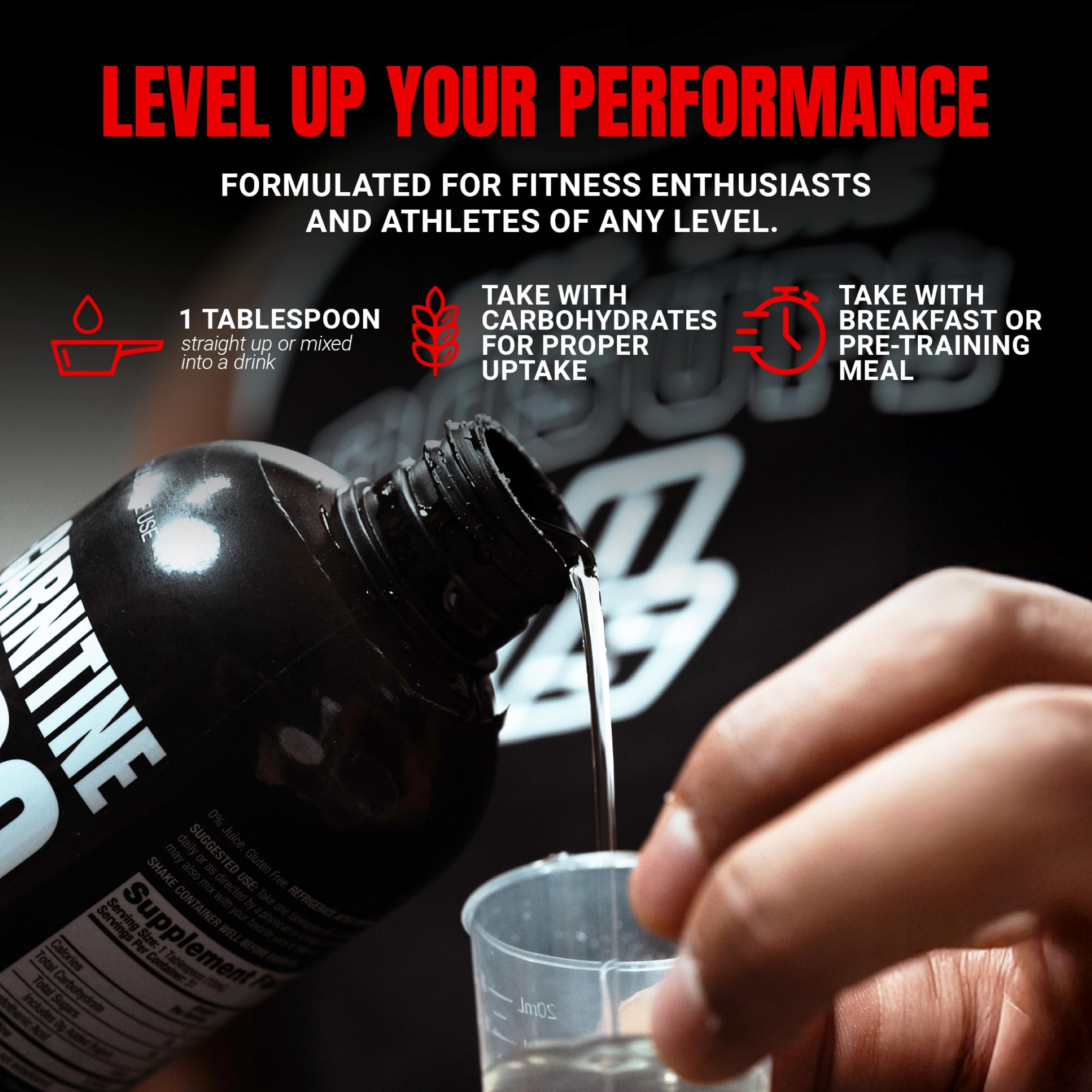 ProSupps L-Carnitine Liquid comparación de tamaño con una mano para escala visual