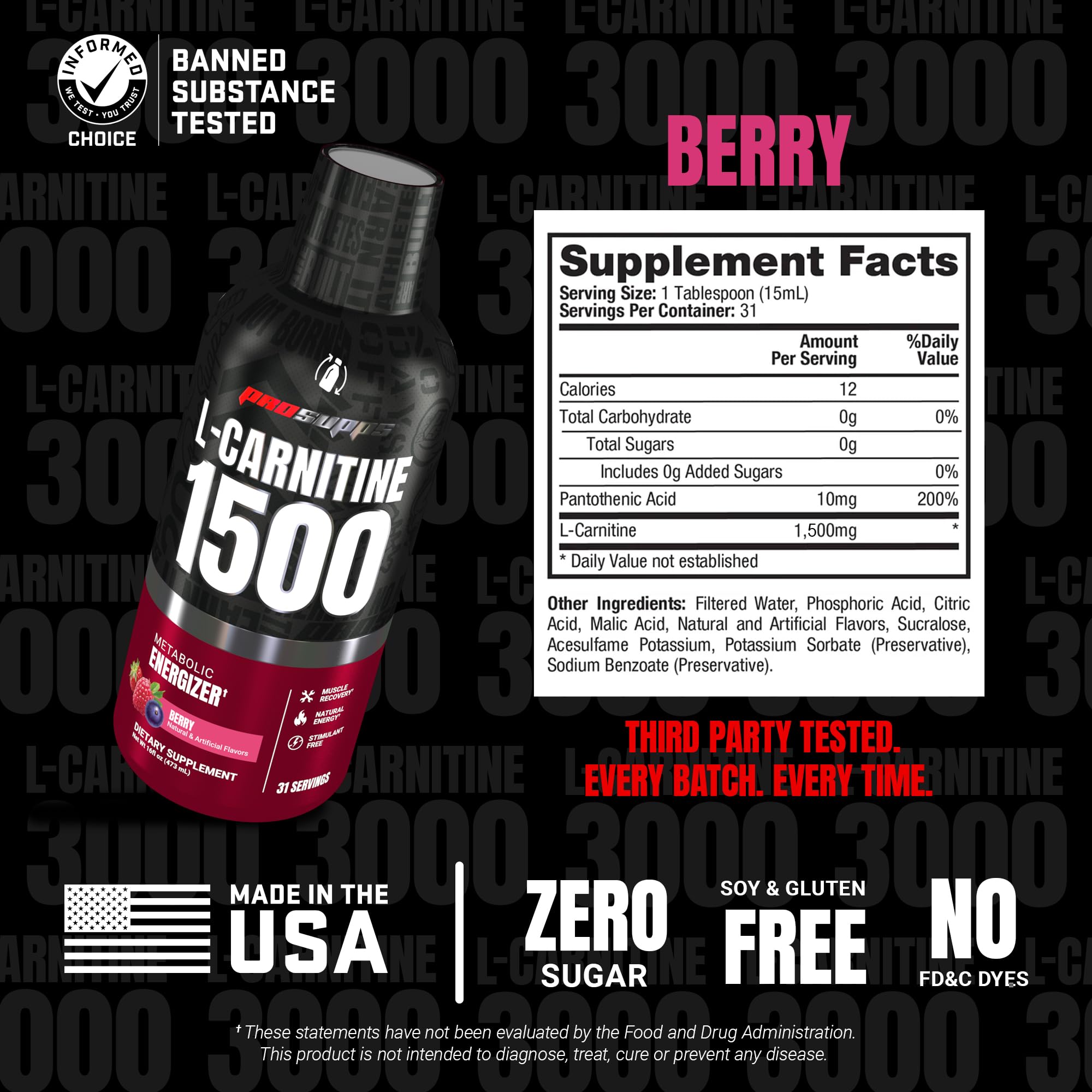 ProSupps L-Carnitine Liquid ingredientes destacados mostrando L-carnitina y vitamina B5