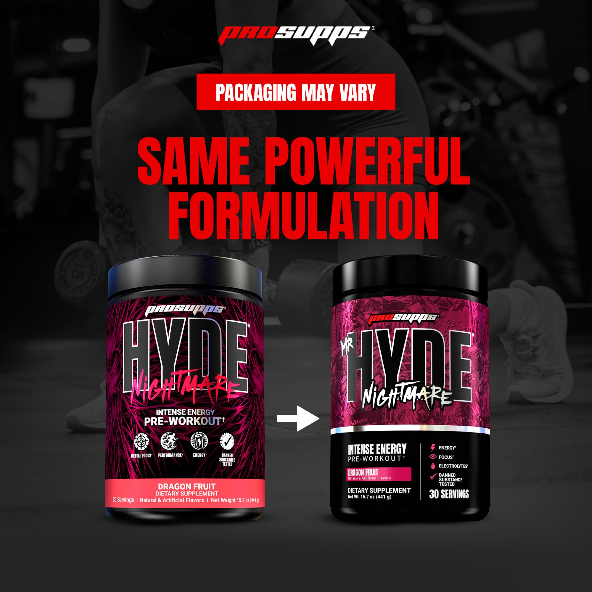 ProSupps Mr. Hyde Nightmare atleta en gimnasio con enfoque alto