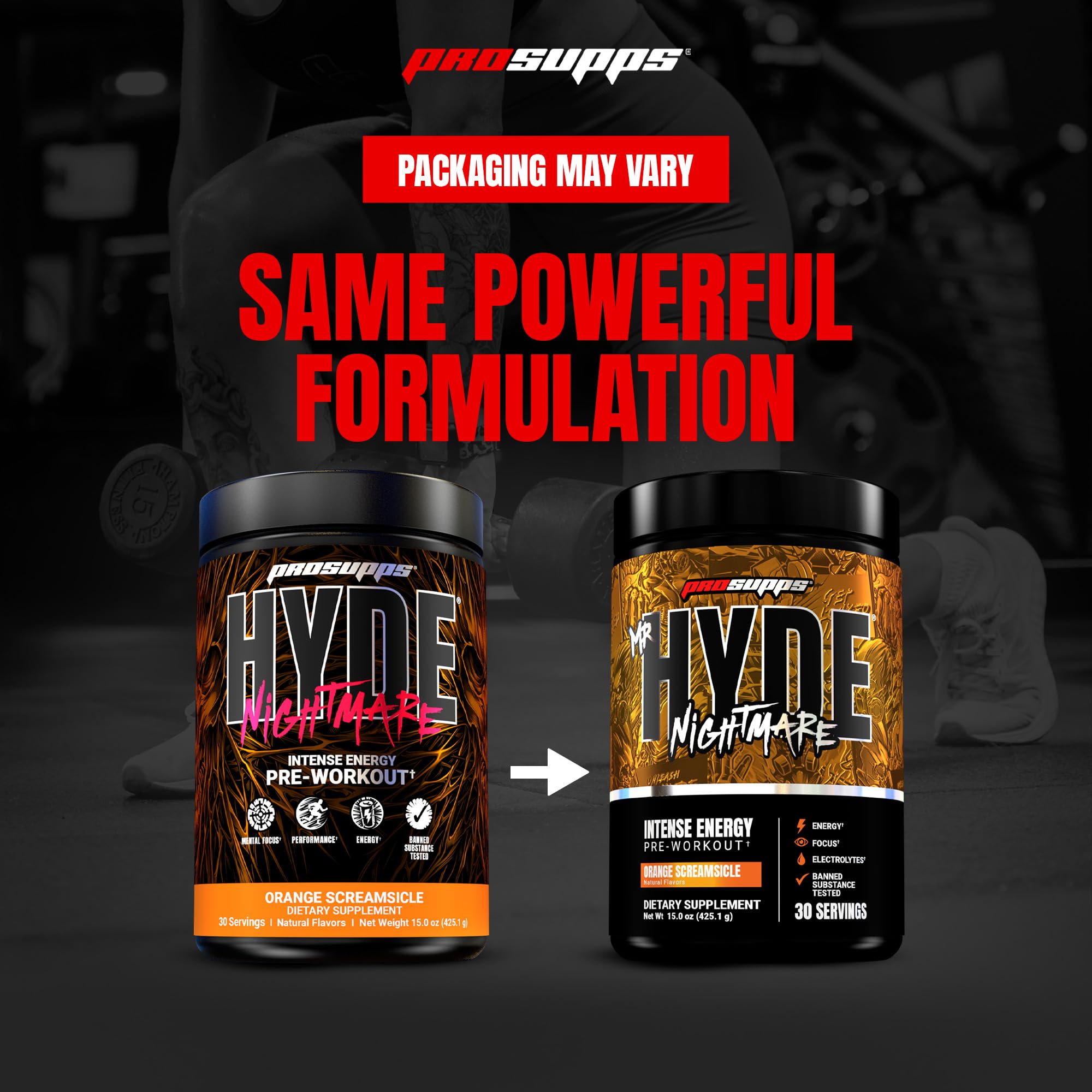 ProSupps Mr. Hyde Nightmare atleta en gimnasio usando el producto antes de entrenar