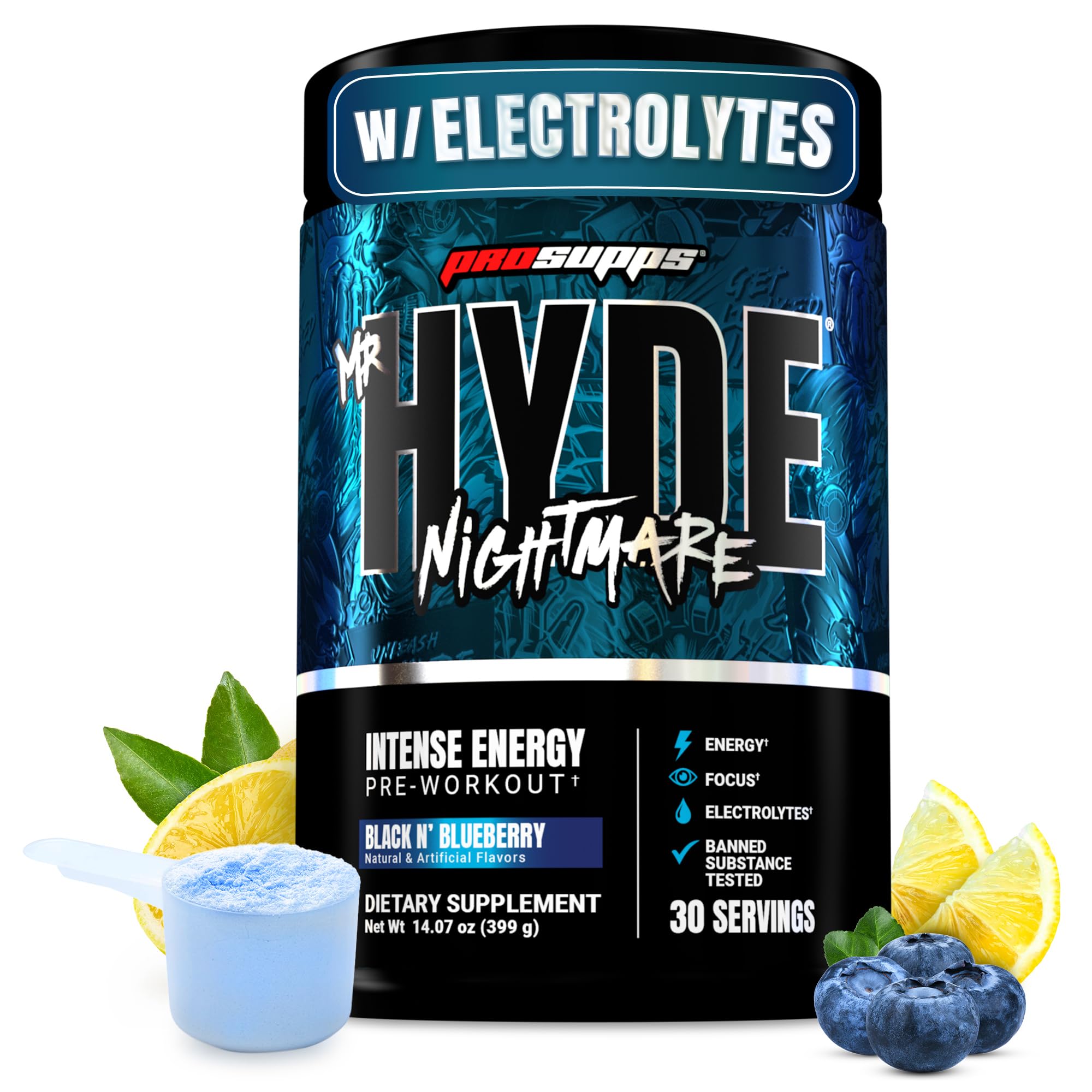 ProSupps Mr. Hyde Nightmare frontal con sabor Black N' Blueberry muestra energía intensa