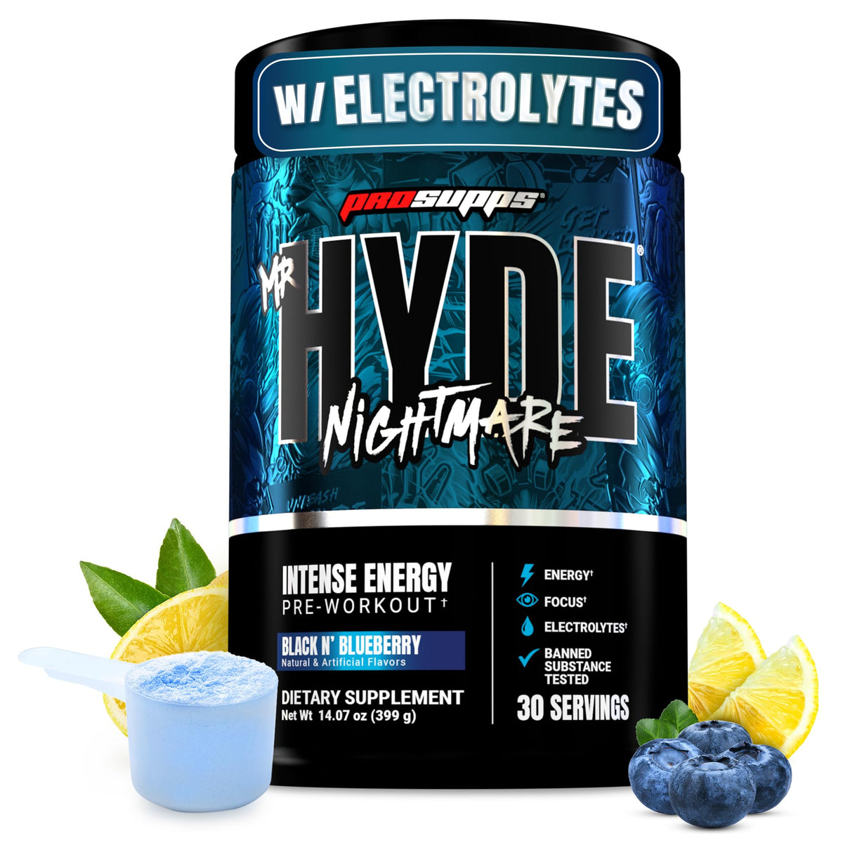 ProSupps Mr. Hyde Nightmare frontal con sabor Black N' Blueberry muestra energía intensa