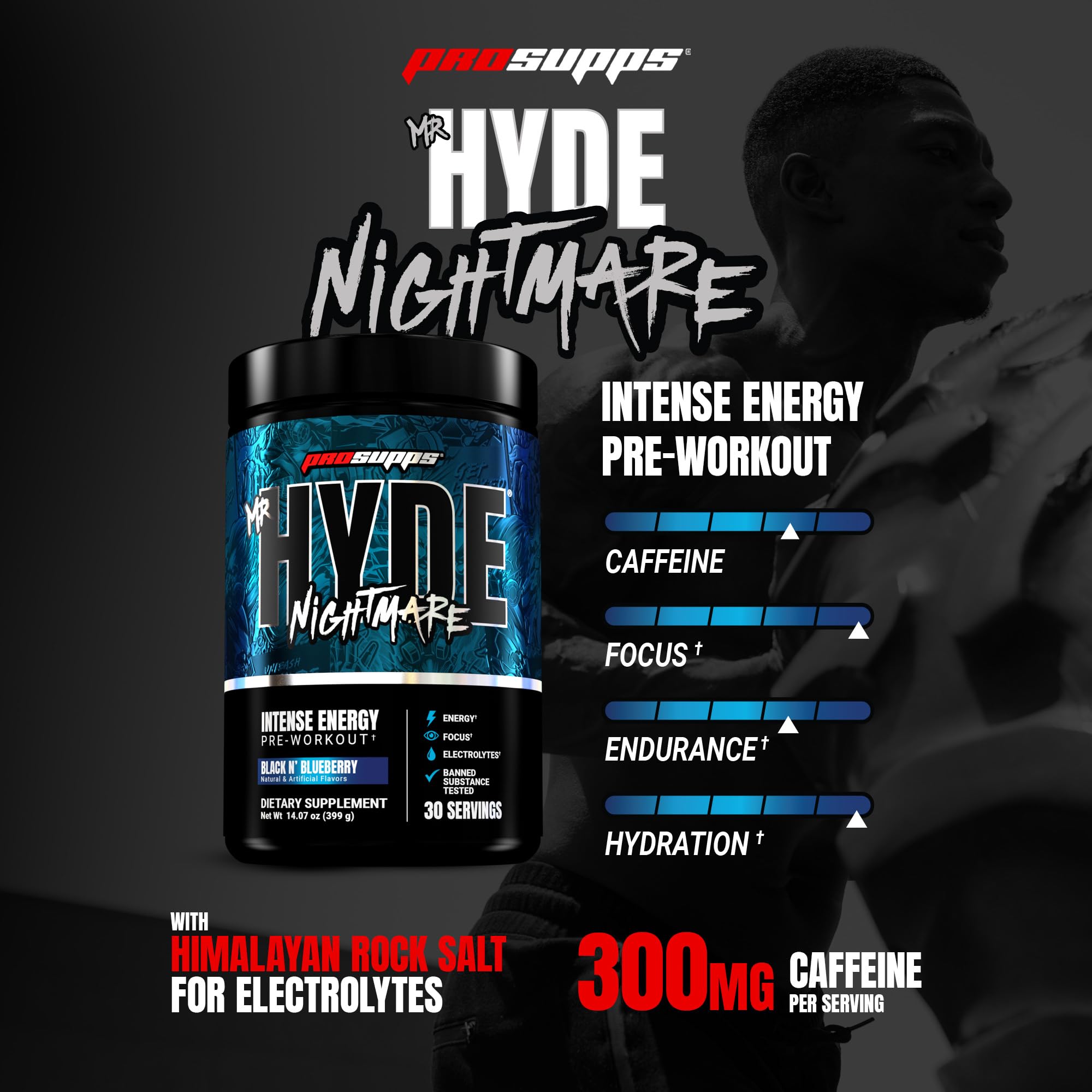 Detalle del polvo ProSupps Mr. Hyde Nightmare mostrando textura y mezcla fácil de disolver