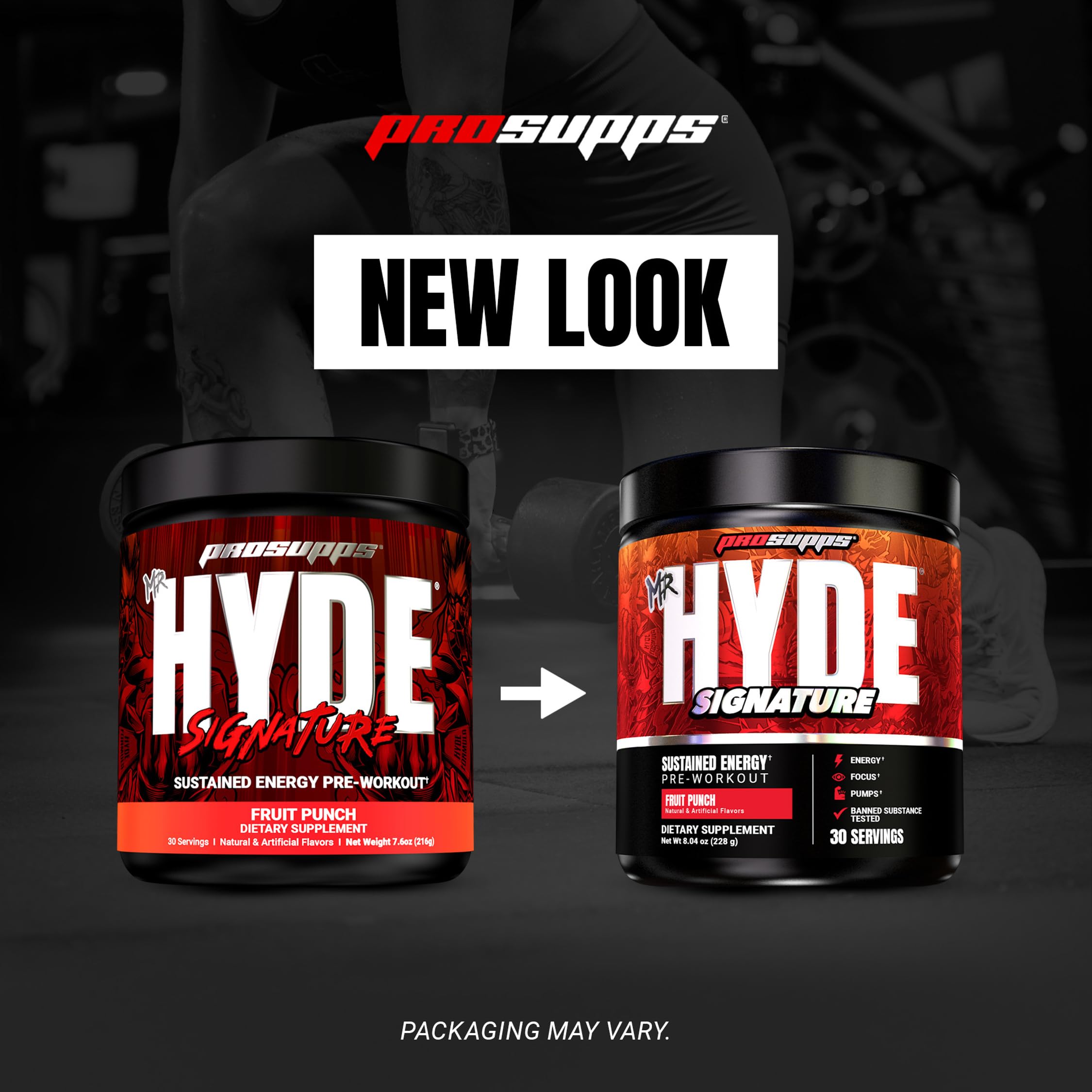 ProSupps Mr. Hyde envase sobre mesa con pesas transmite uso en entrenamiento