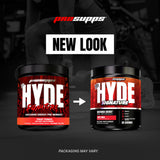 ProSupps Mr. Hyde envase sobre mesa con pesas transmite uso en entrenamiento