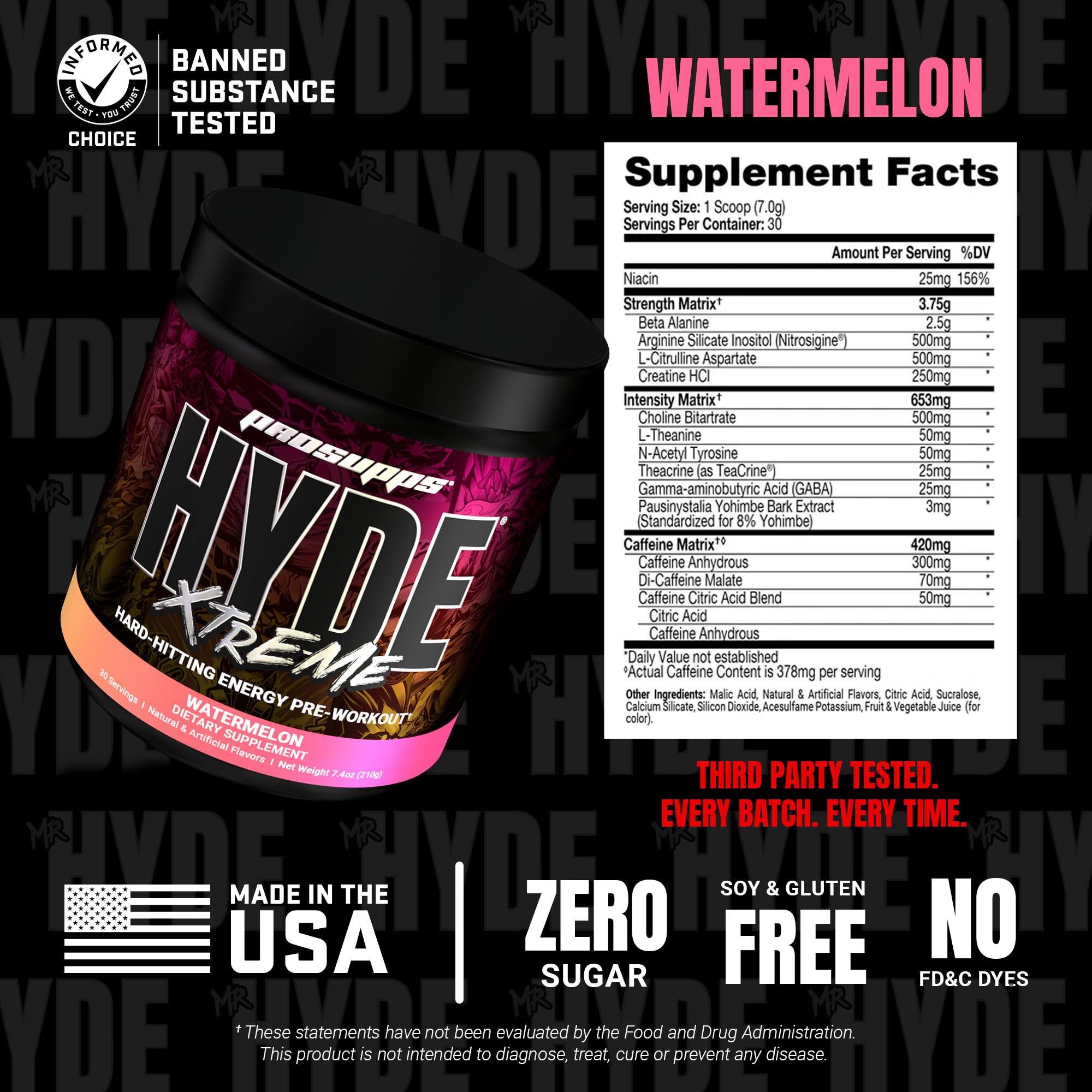 ProSupps Mr. Hyde Xtreme etiqueta nutricional exhibe ingredientes clave