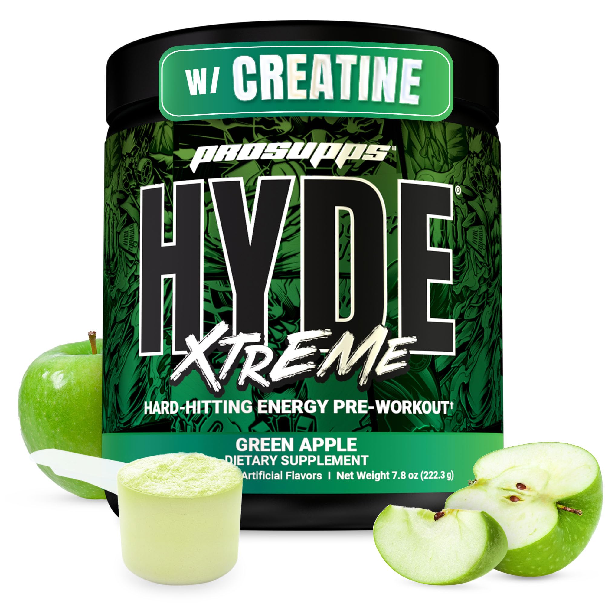 ProSupps Mr. Hyde Xtreme frontal del envase mostrando la marca y el sabor manzana verde para energía intensa