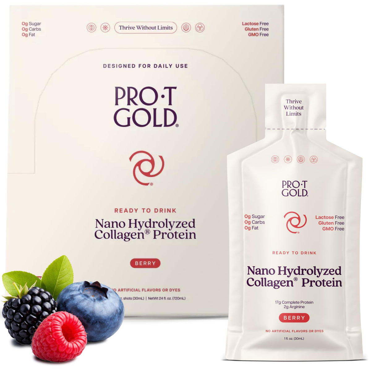 ProT Gold frente del empaque mostrando sabor berry y beneficio sin azúcar