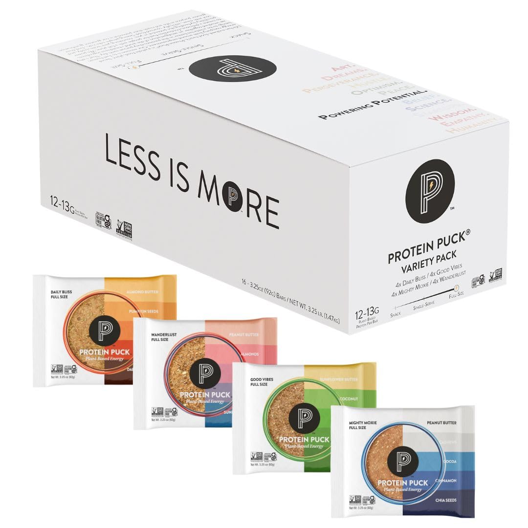 Protein Puck empaque frontal muestra variedad y tamaño práctico