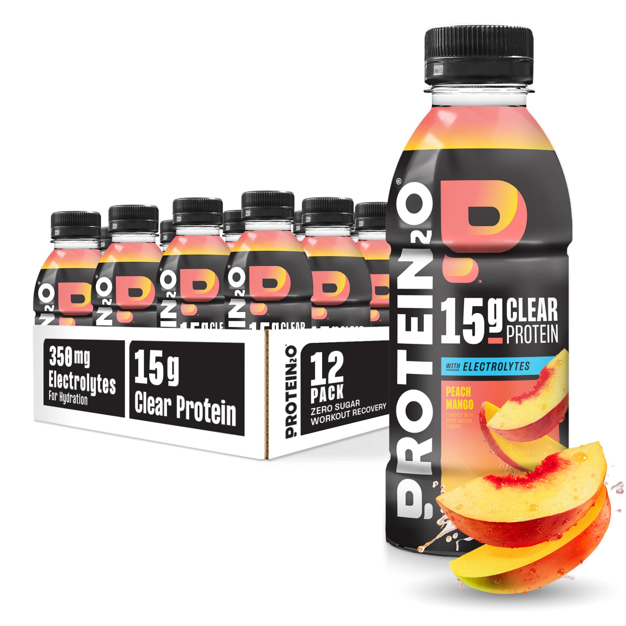 Protein2o botella frente durazno mango mostrando etiqueta clara y sabor refrescante