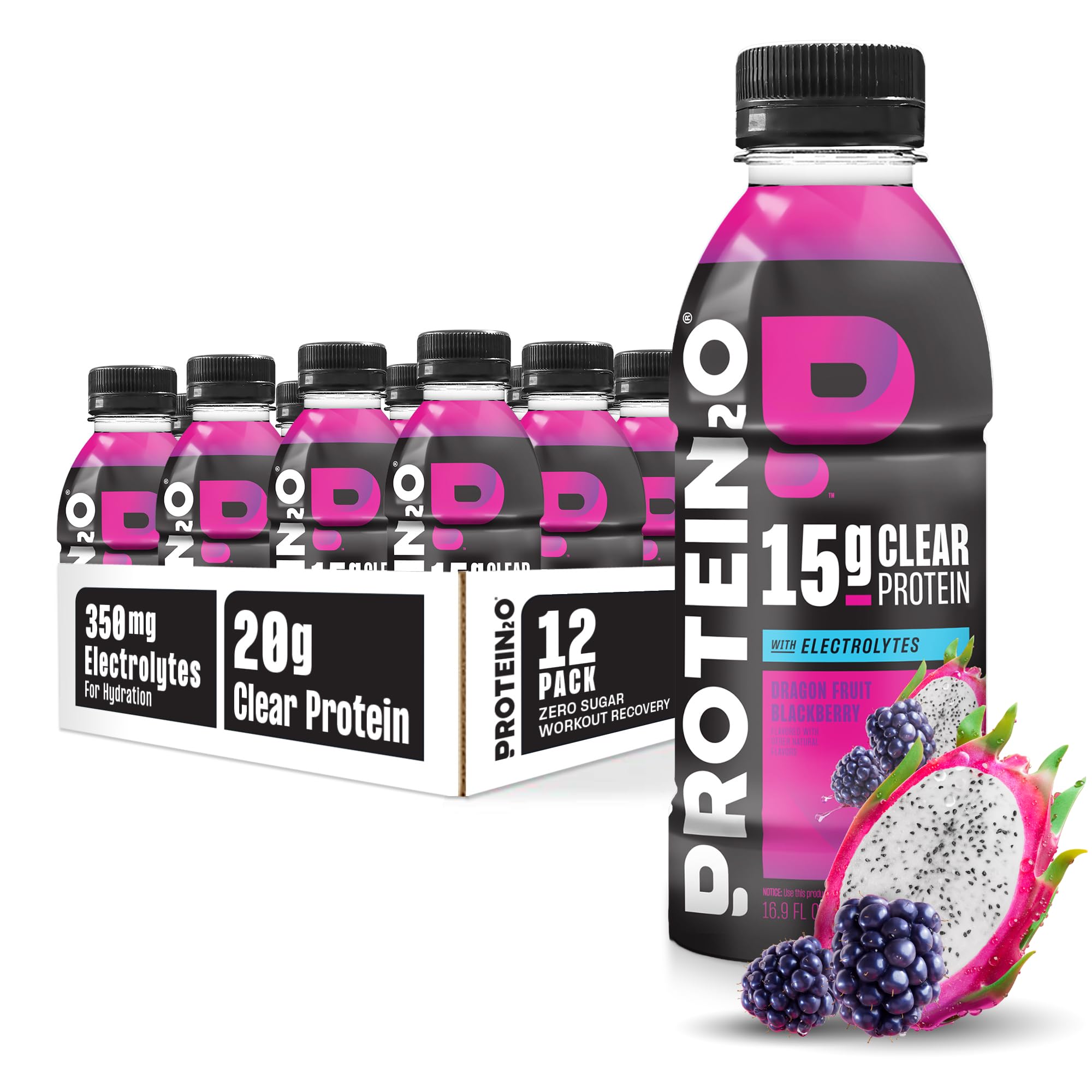 Protein2o frente del empaque mostrando sabor dragon fruit blackberry y beneficio hidratación