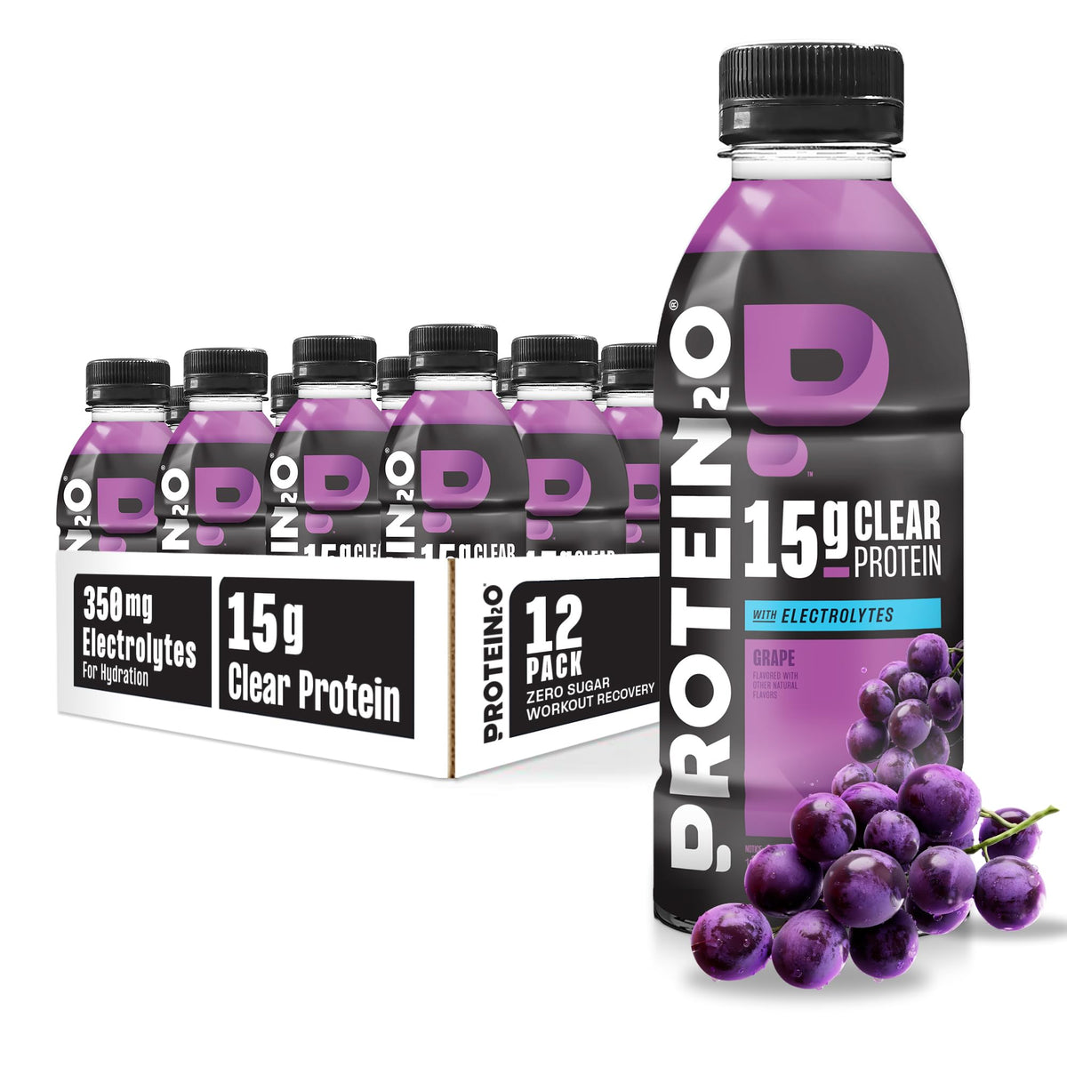 Protein2o botella frontal grape mostrando diseño y conveniencia