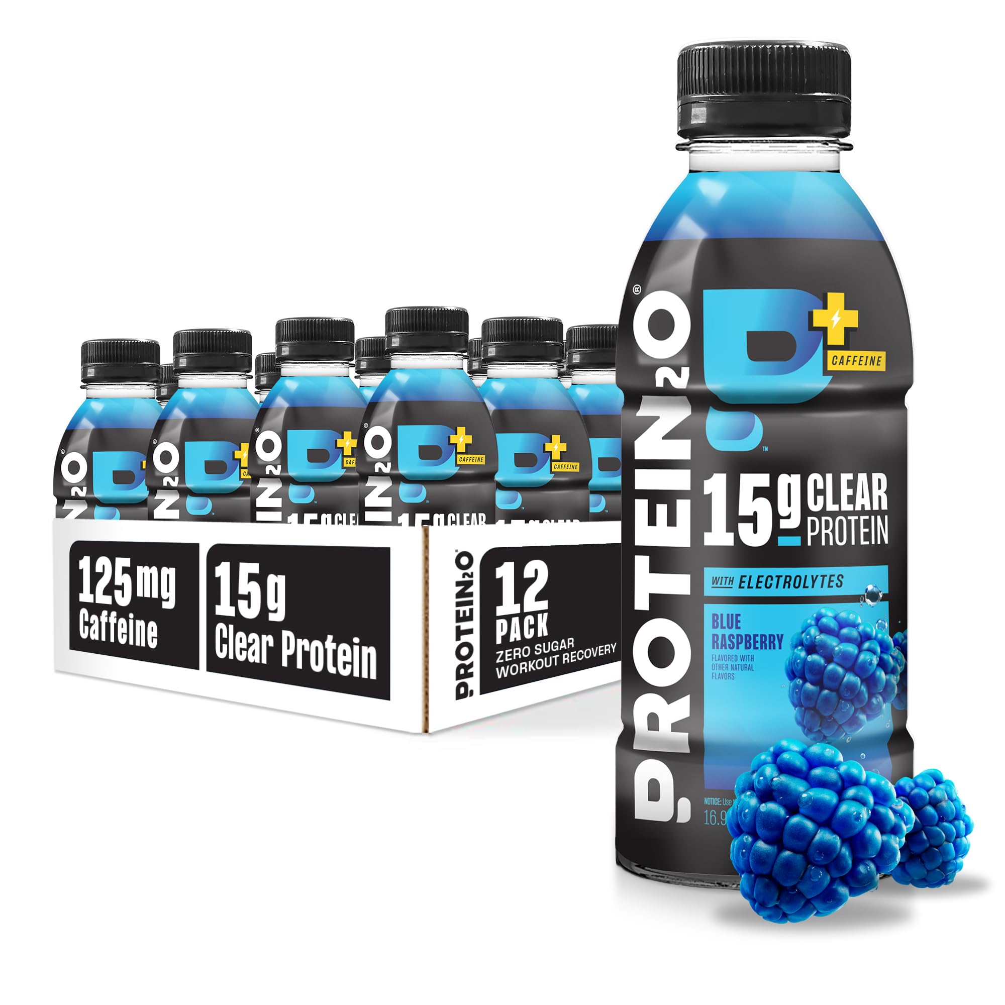 Protein2o botella frontal mostrando etiqueta y beneficio de proteína y cafeína