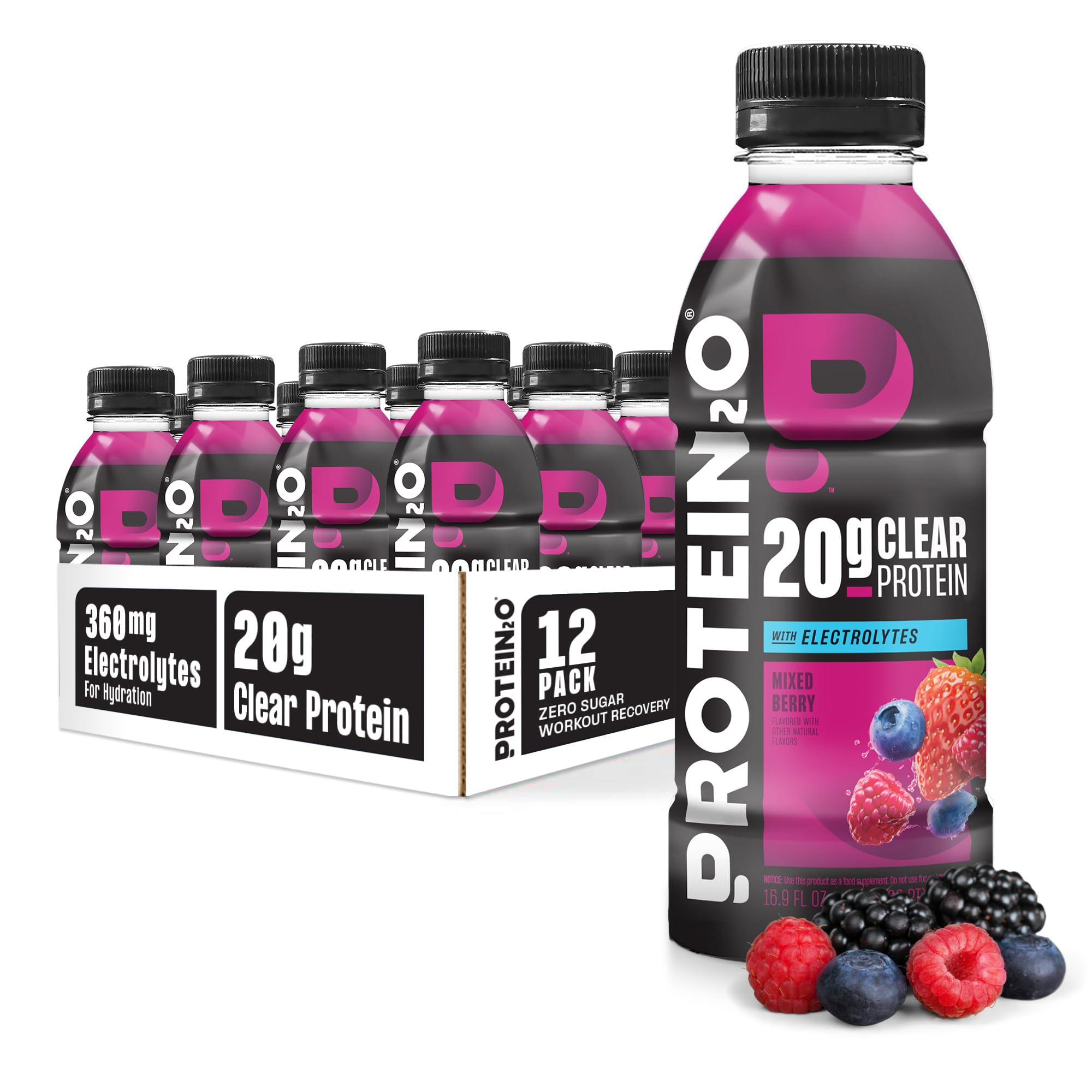 Protein2o frontal Mixed Berry mostrando diseño y conveniencia