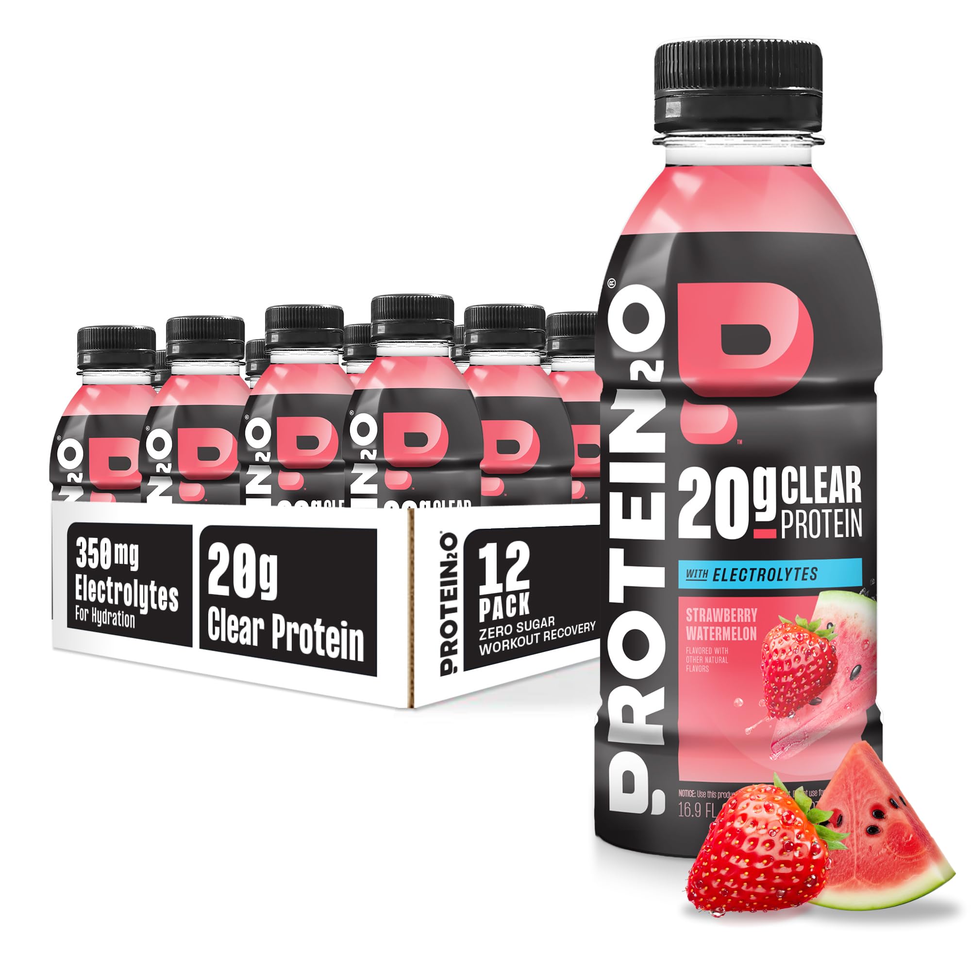 Protein2o imagen frontal del envase mostrando sabor fresa sandía y conveniencia