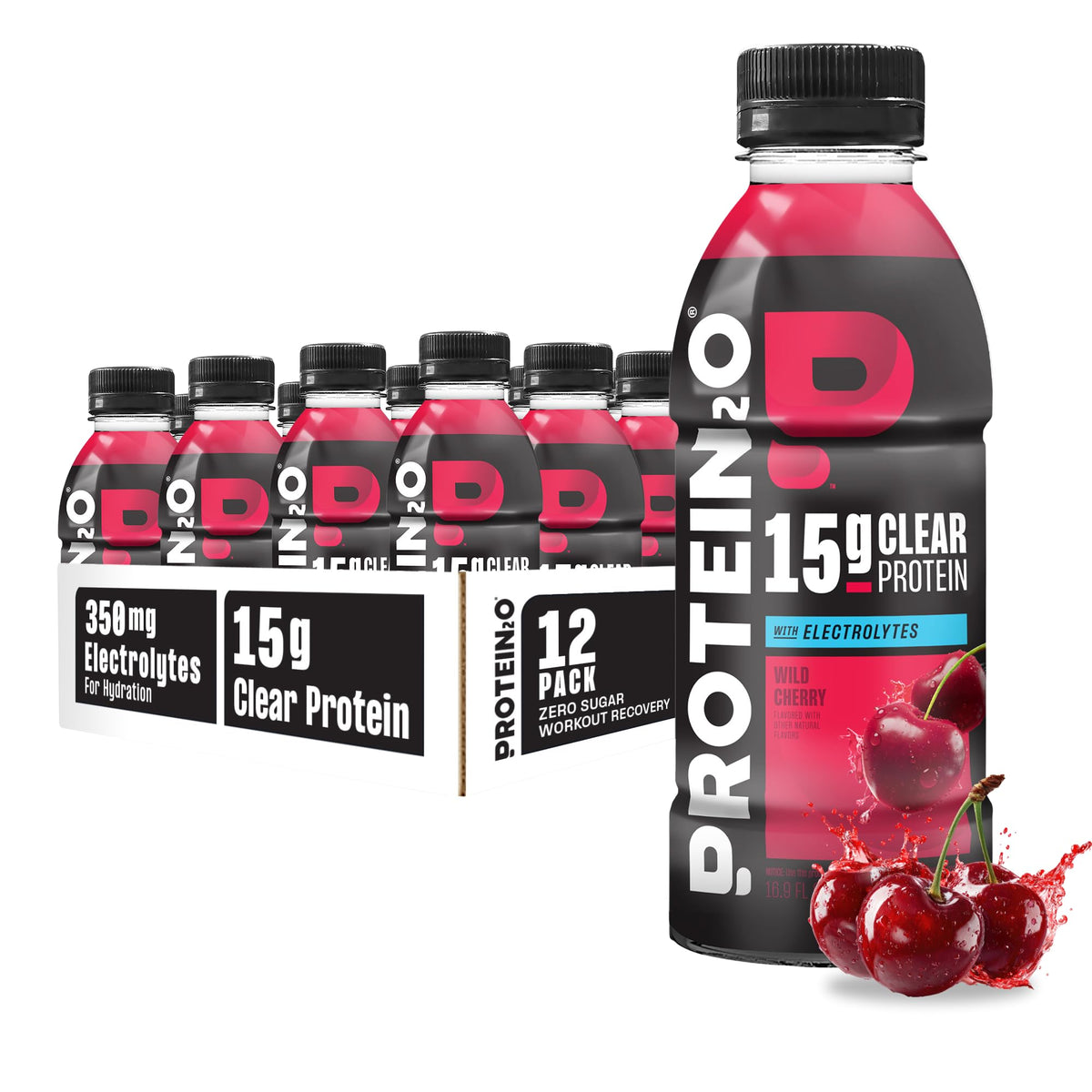 Protein2o vista frontal del pack Wild Cherry con beneficios de hidratación