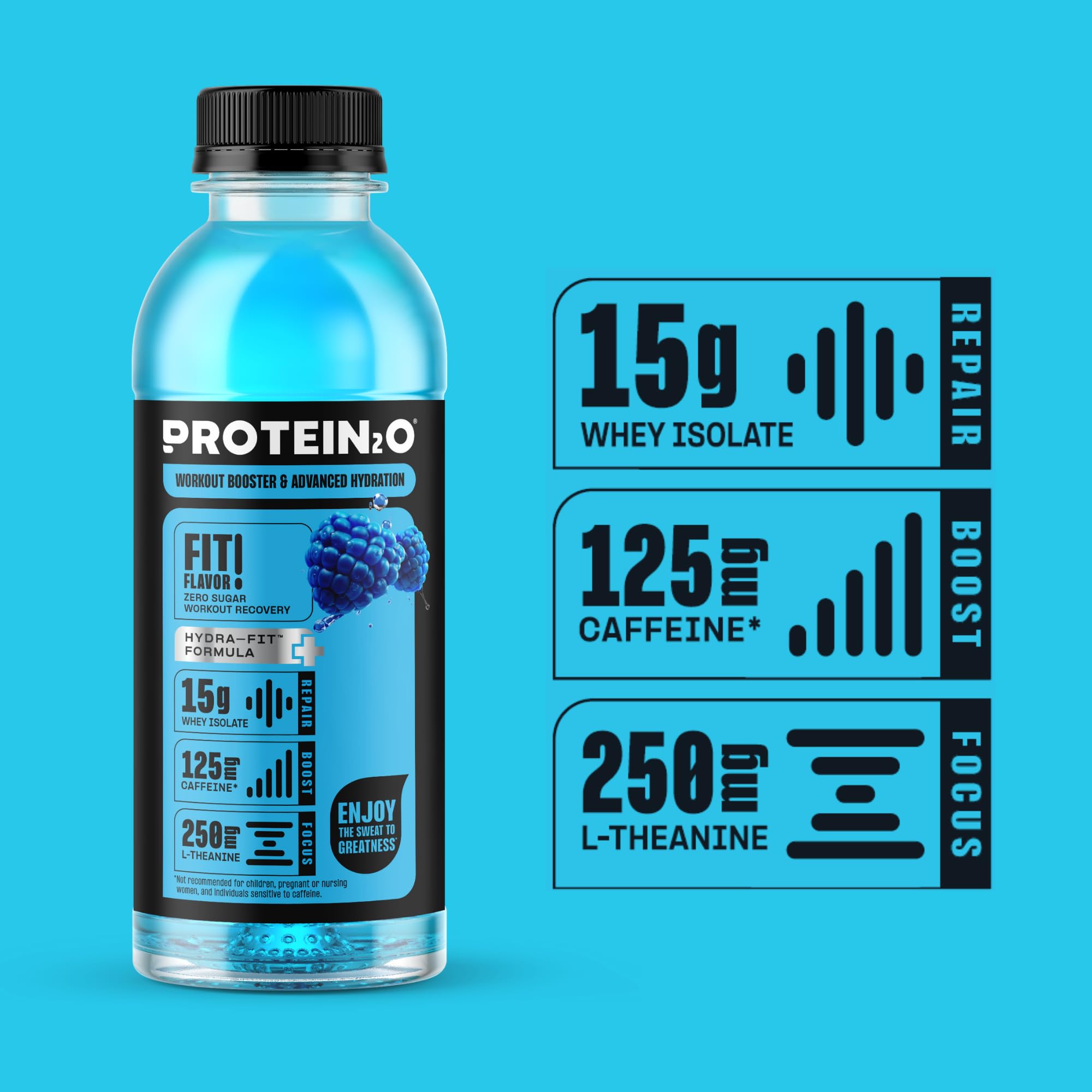 Protein2o botella junto a toalla y mancuernas mostrando uso post-entrenamiento