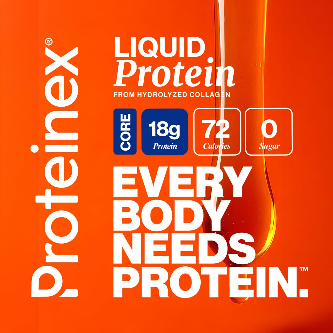 Proteinex etiqueta con ingredientes y beneficios, legible y destacando proteína y colágeno