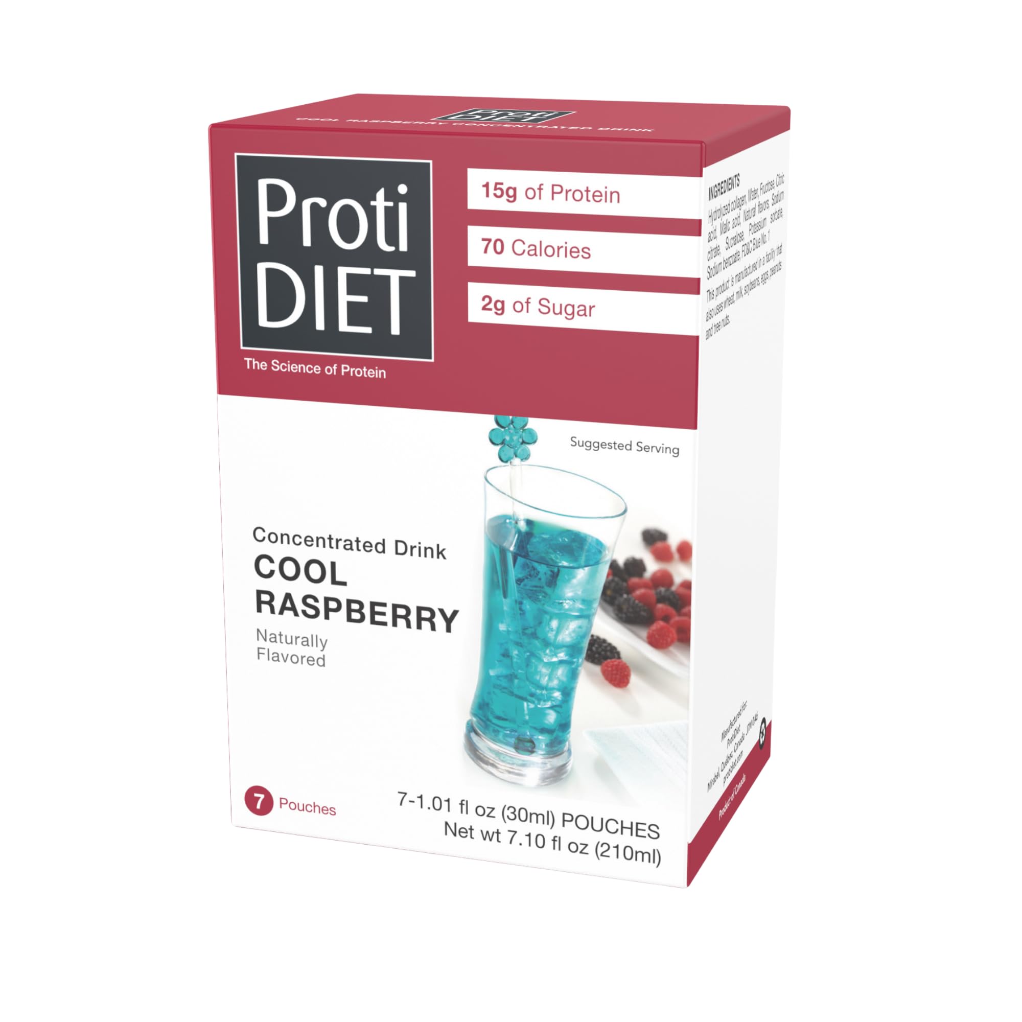ProtiDIET caja frontal con sobres de frambuesa, muestra conveniencia y sabor