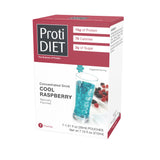 ProtiDIET caja frontal con sobres de frambuesa, muestra conveniencia y sabor
