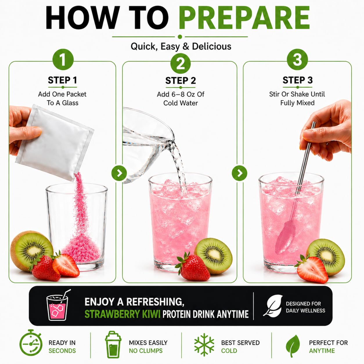 PROTIFIT batido fresa-kiwi servido, aporte proteico inmediato