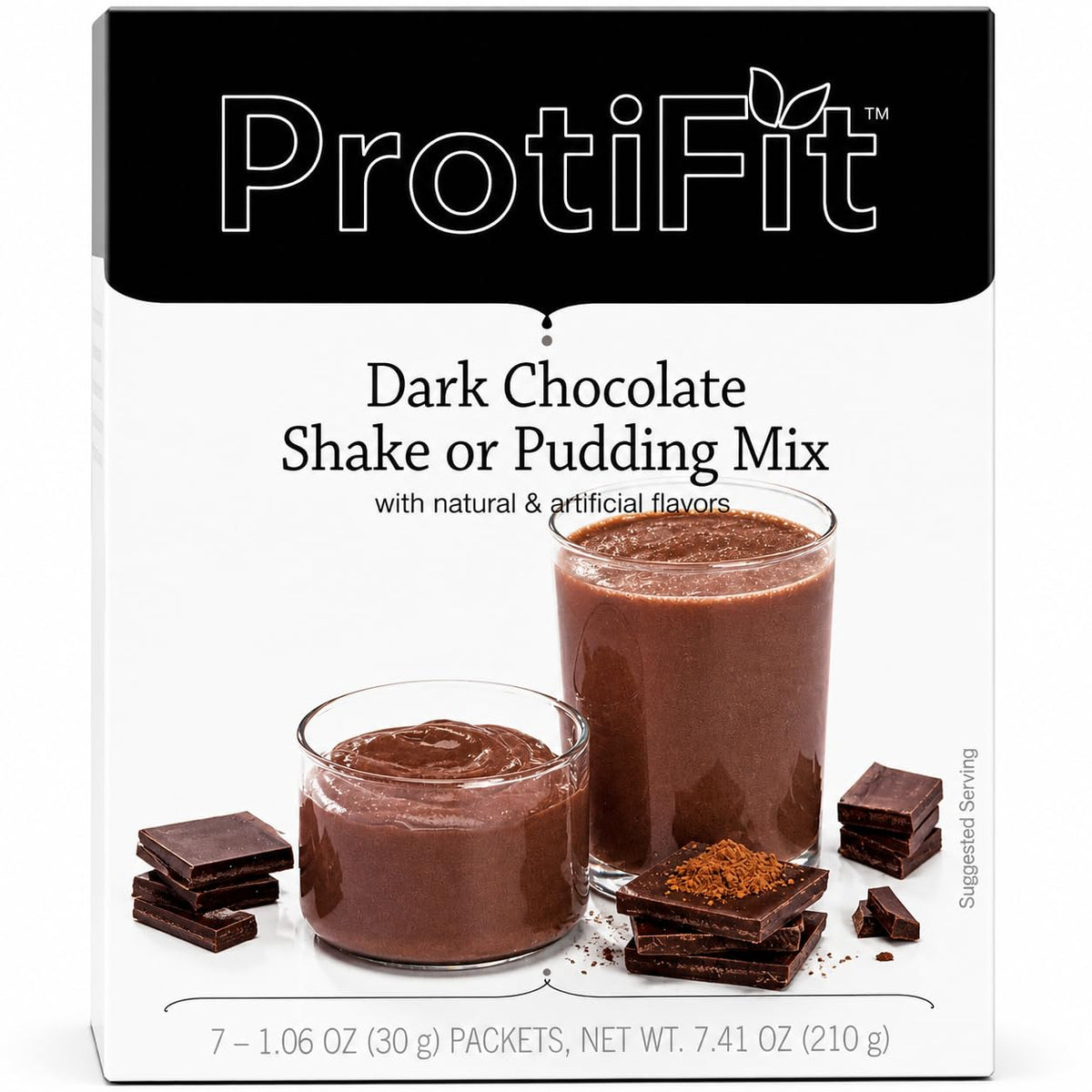 ProtiFit frente del empaque chocolate oscuro mostrando porciones y beneficio práctico